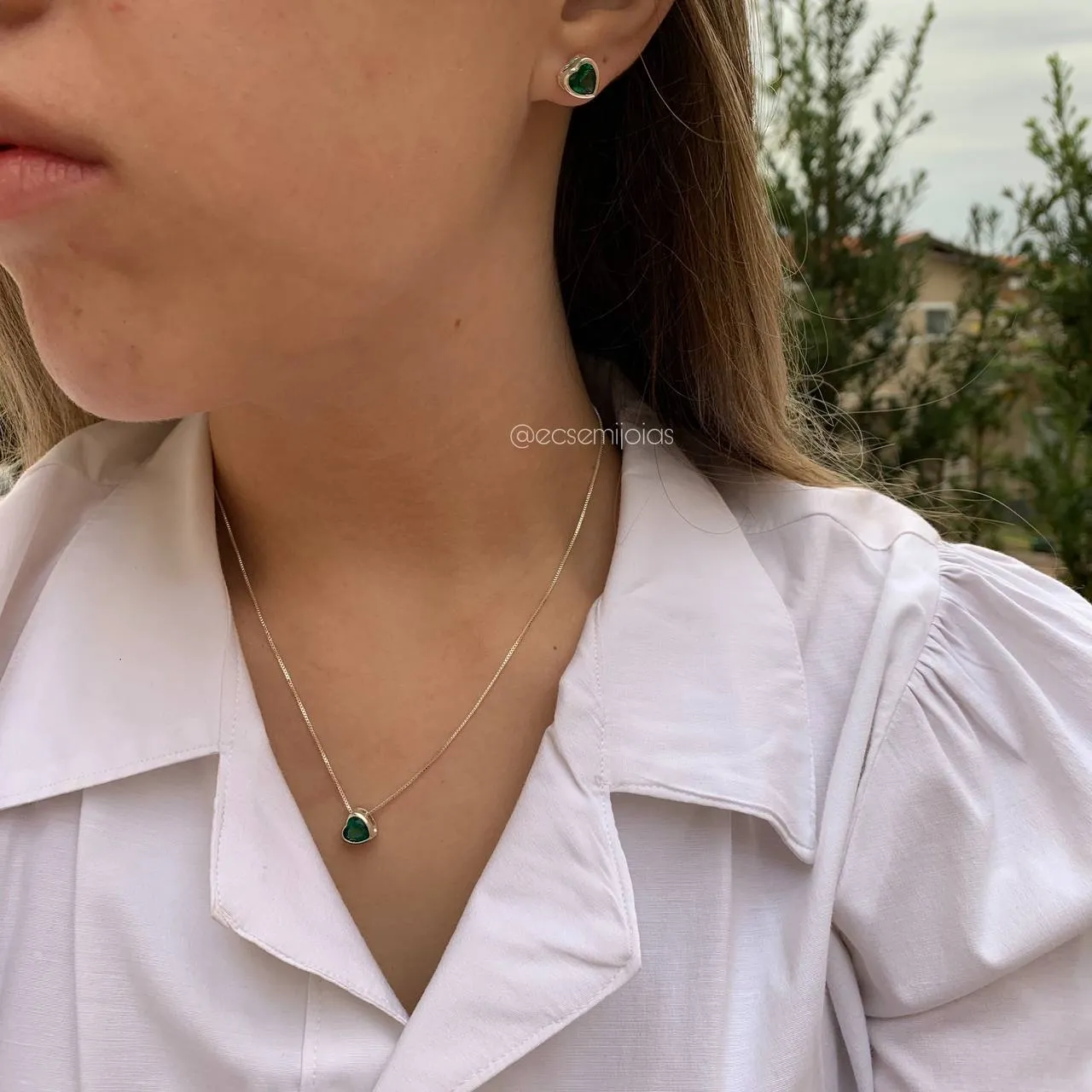 Conjunto de brinco e colar de coração 5x5 mm - 45 cm - coleção lunar -  banhado a prata 925