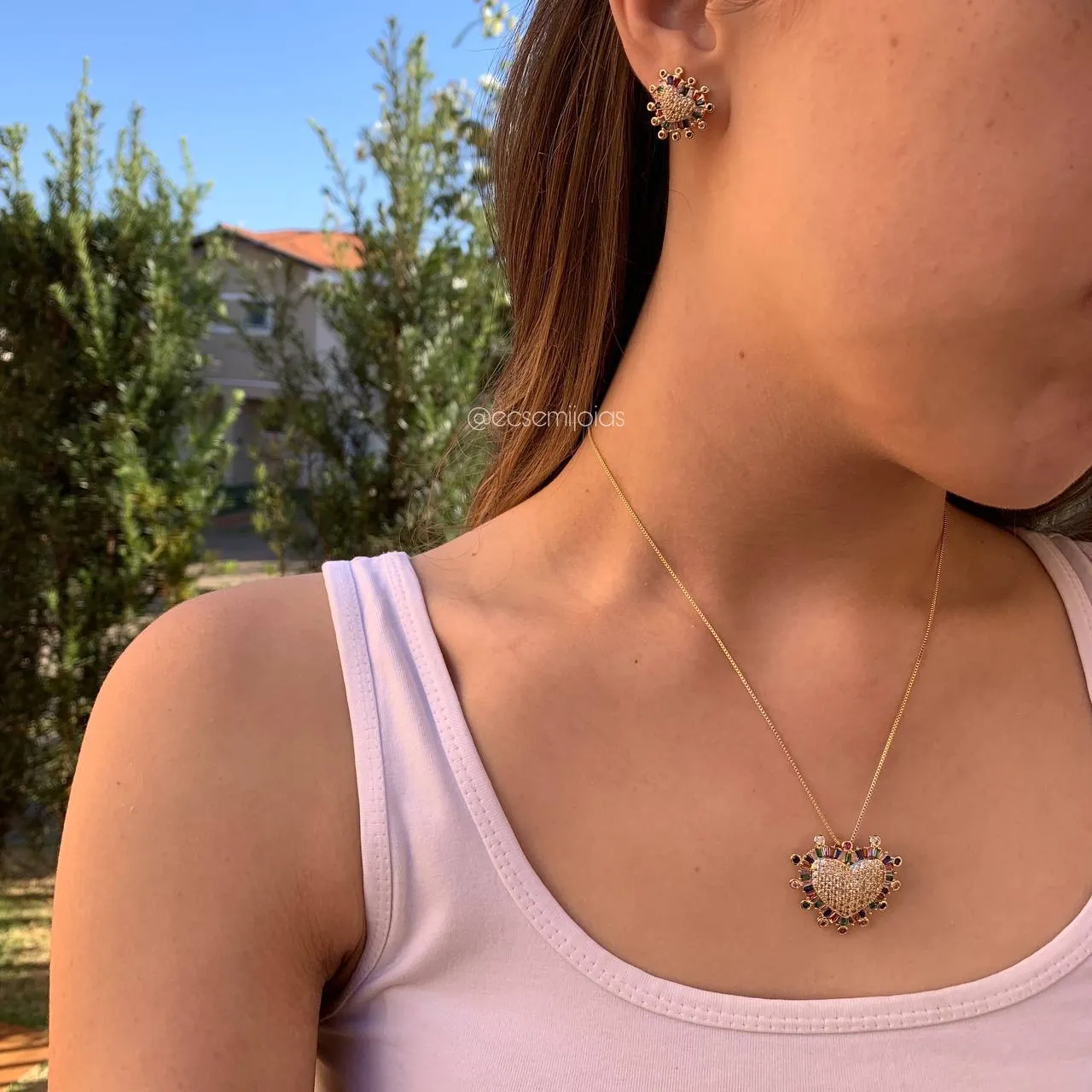 Conjunto de brinco e colar de coração cravejado - 45 cm - banhado a ouro 18k