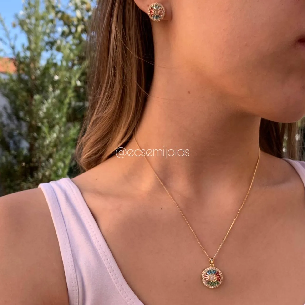 Conjunto de brinco e colar pizza cravejada - 45 cm - banhado a ouro 18 k