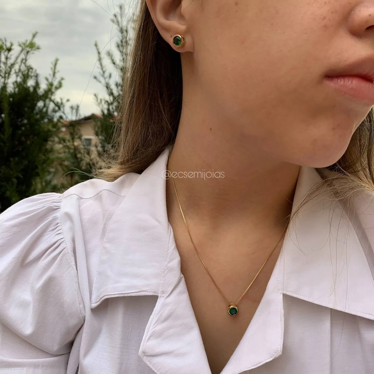 Conjunto de brinco e colar redondo ponto de luz 7 mm  - 45 cm - coleção lunar -  banhado a  ouro 18k
