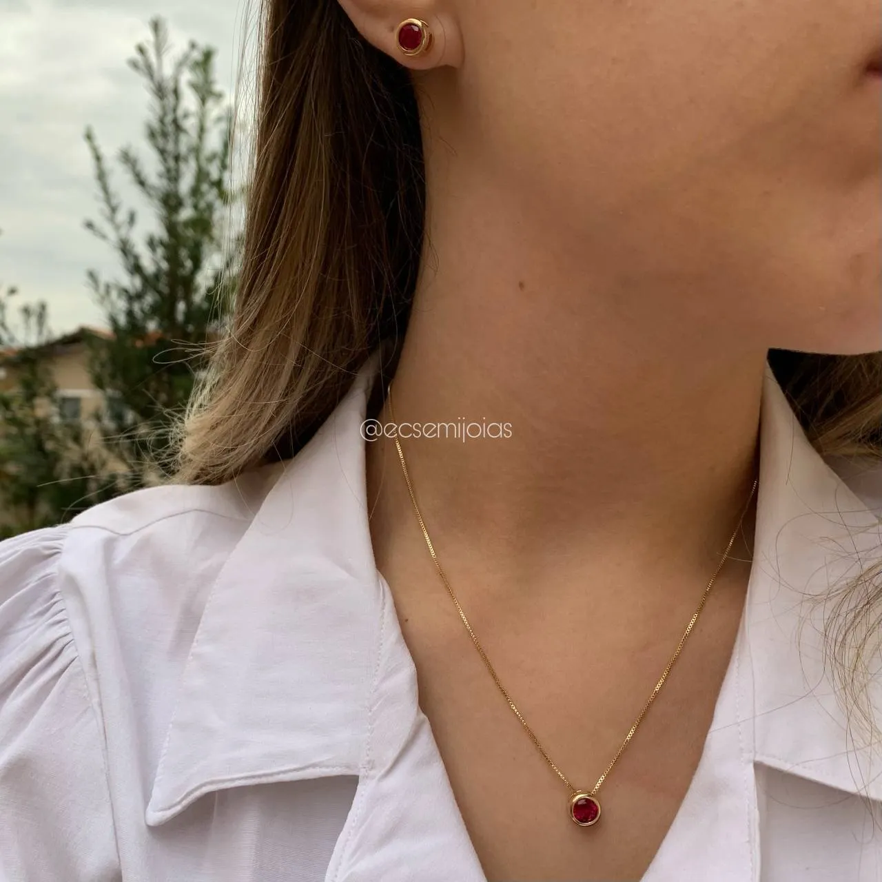 Conjunto de brinco e colar redondo ponto de luz 7 mm  - 45 cm - coleção lunar -  banhado a  ouro 18k
