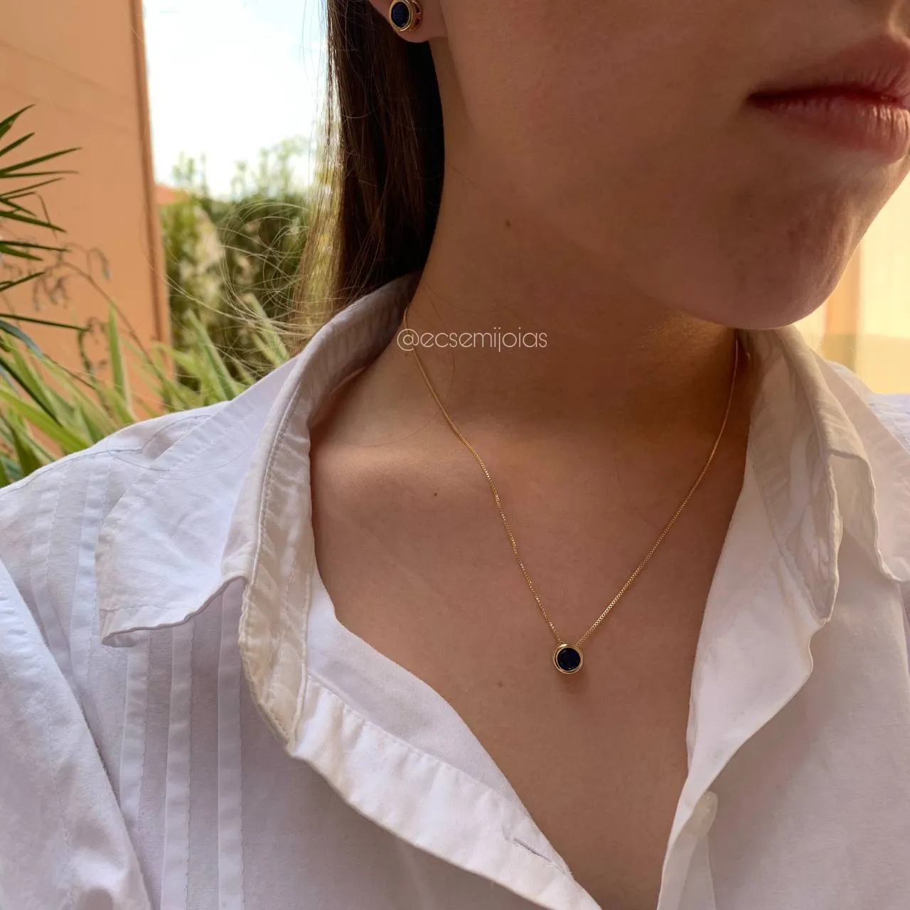 Conjunto de brinco e colar redondo ponto de luz 7 mm  - 45 cm - coleção lunar -  banhado a ouro 18k