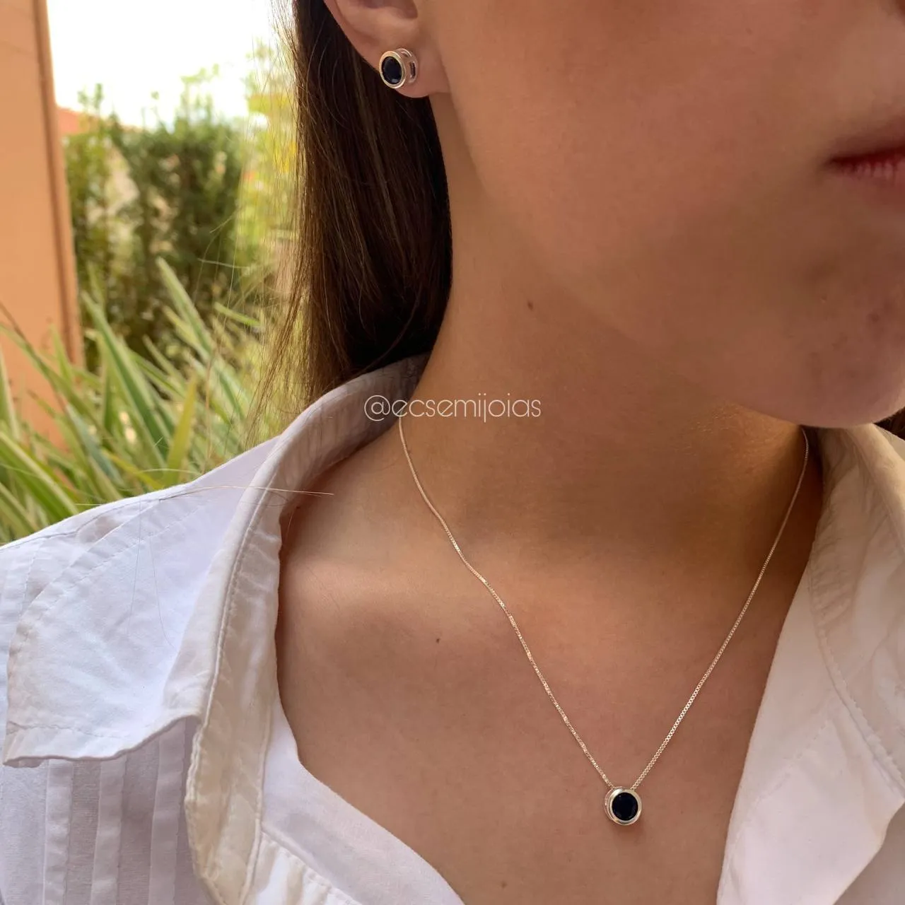 Conjunto de brinco e colar redondo ponto de luz 7 mm  - 45 cm - coleção lunar -  banhado a  prata 925