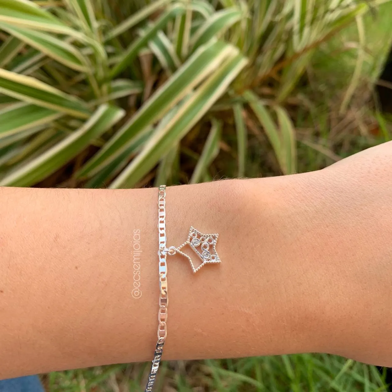 Pulseira trabalhada com estrela - coleção lunar - 16 cm + 5 cm de extensor - banhado a  prata 925