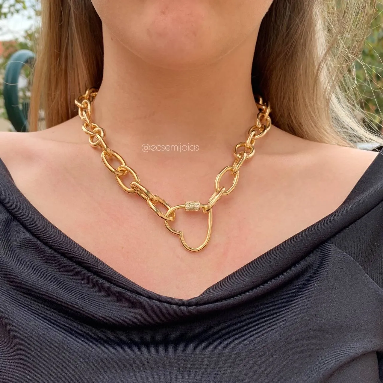 Colar elos ovais com fecho de coração - 45 cm - banhado a ouro 18k