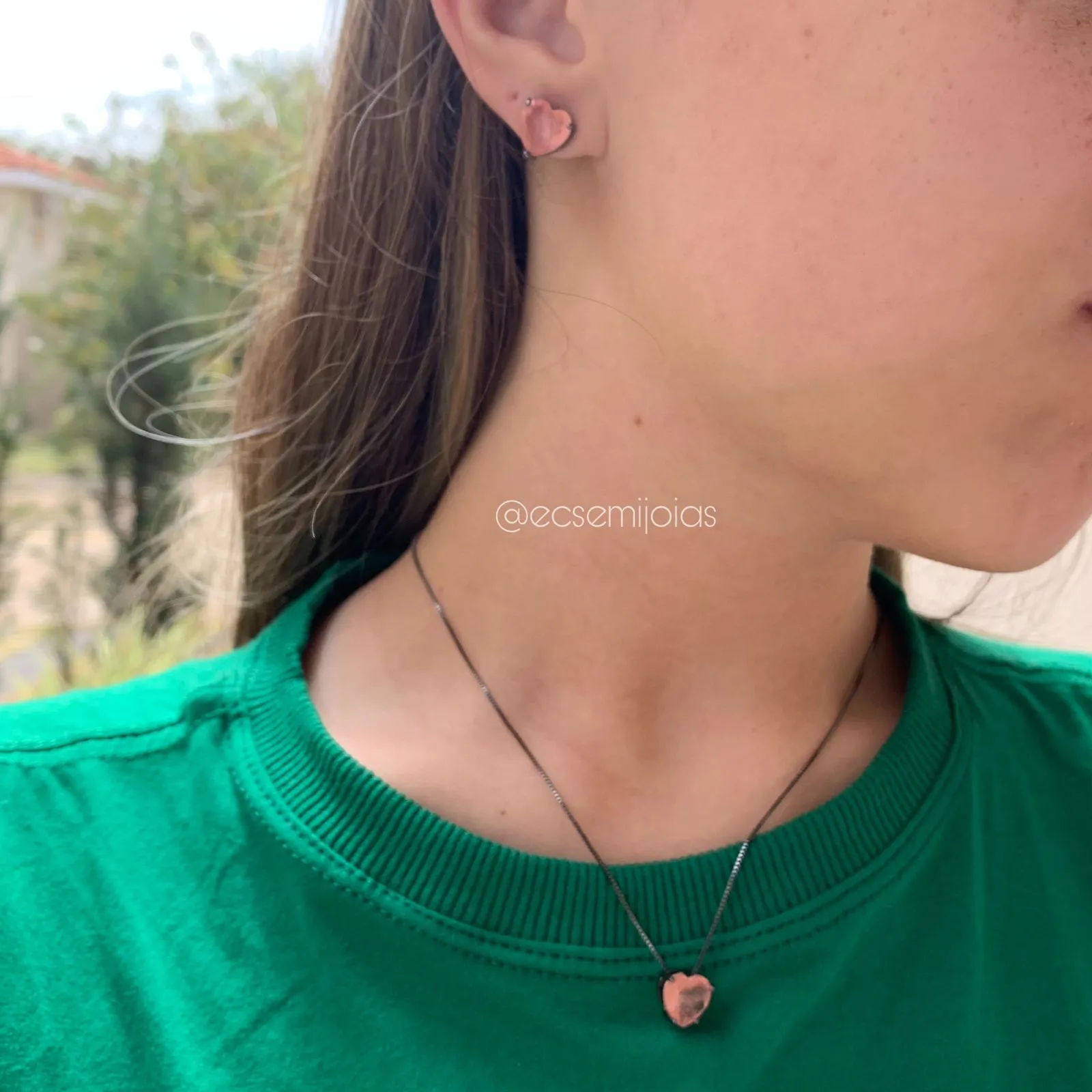 Conjunto de brinco e colar coração 10x10 fusion - banhado a ródio negro