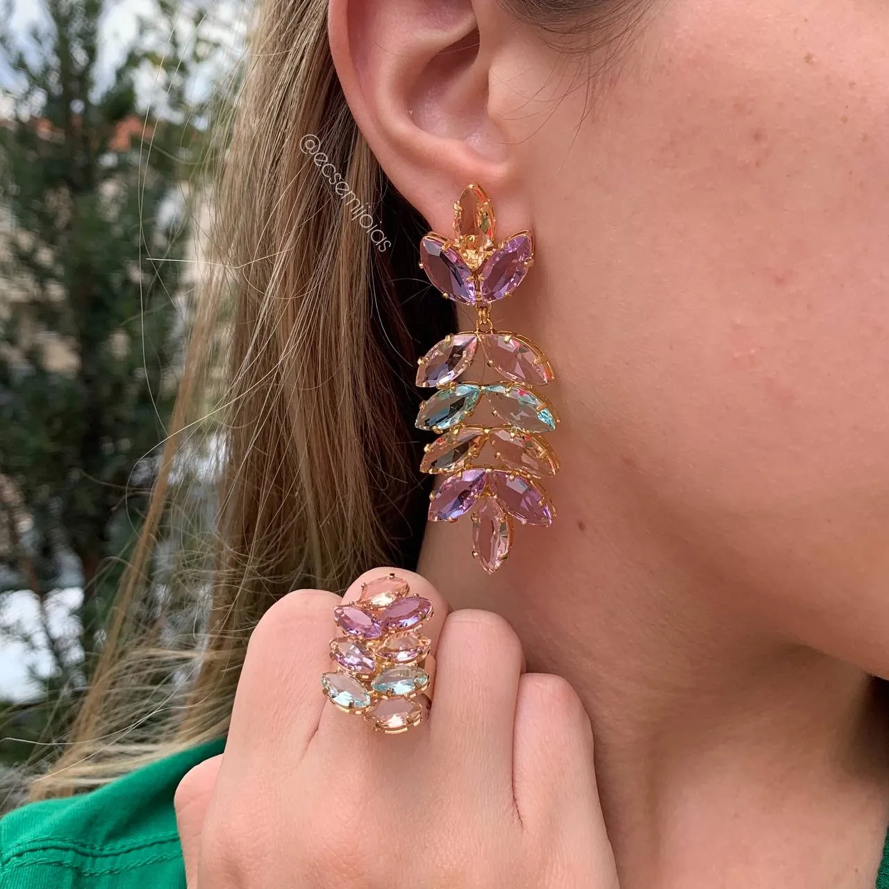 Conjunto brinco e anel folha com pedras navete - banhado a ouro 18k