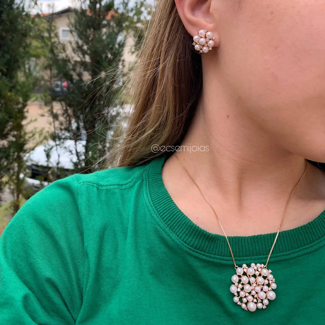 Conjunto de brinco e colar de pérola - 45 cm + 5 cm de extensor -banhado a ouro 18k