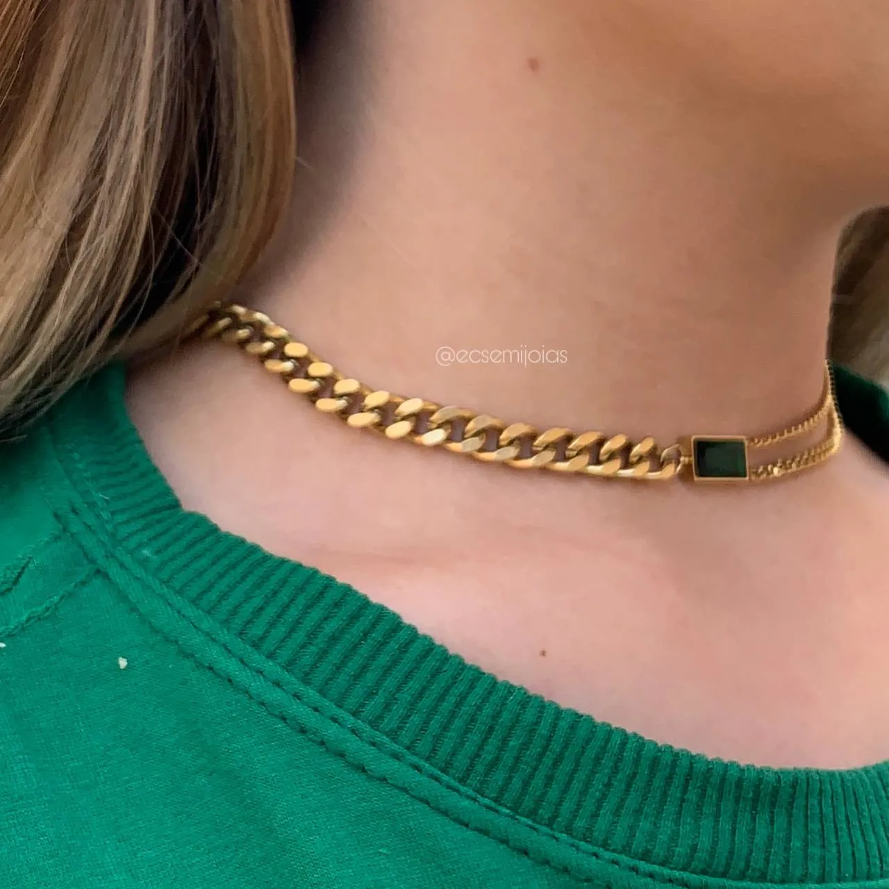Colar de elos com pedra retangular - 39 cm + 5 cm