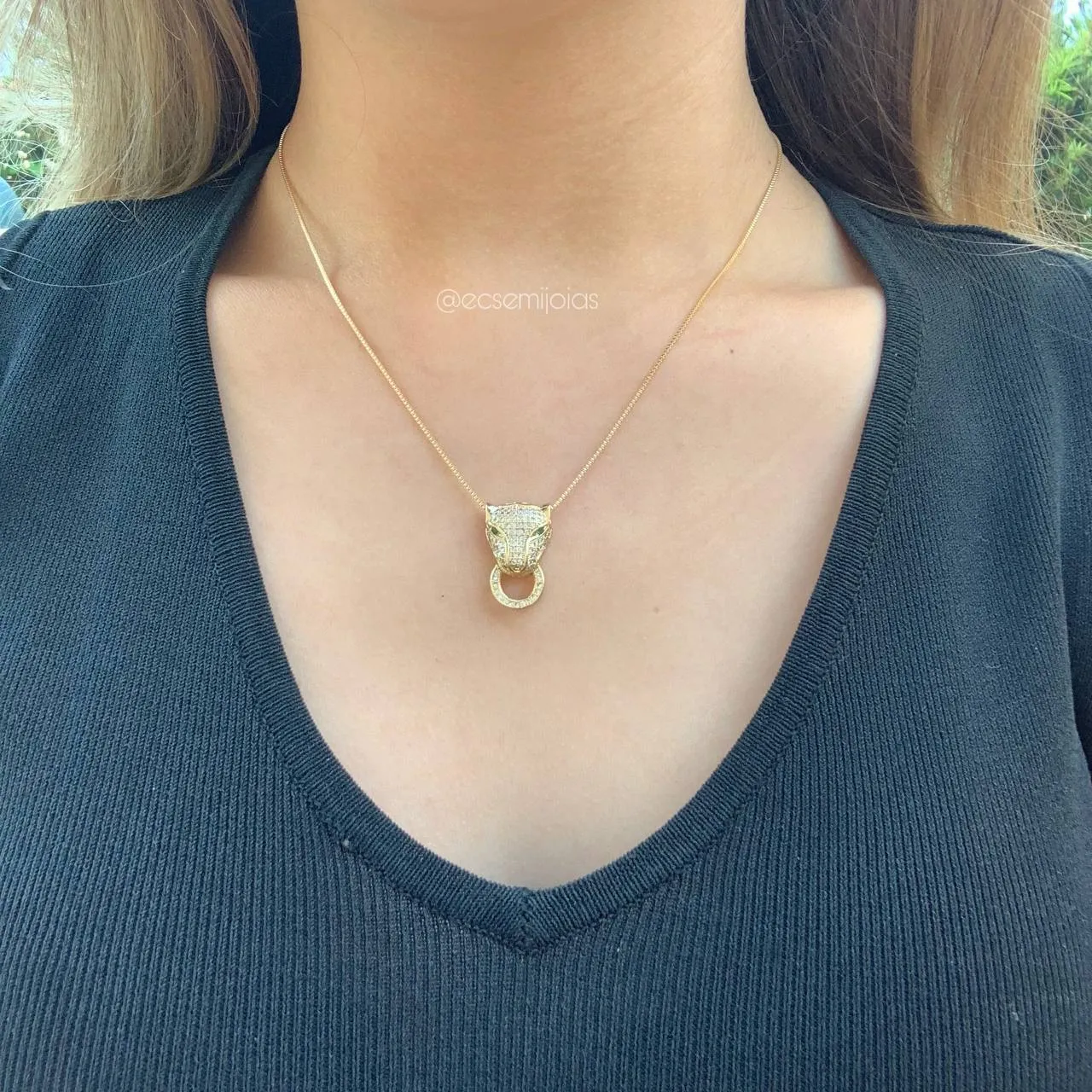 Conjunto de brinco e colar pantera - 45 cm - banhado a ouro 18k