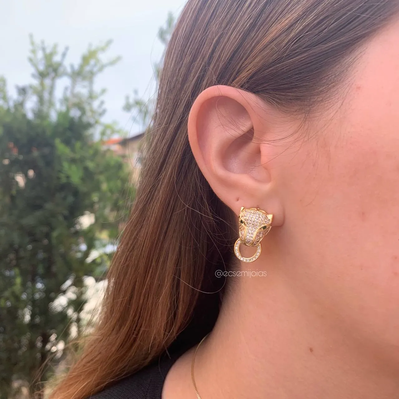 Conjunto de brinco e colar pantera - 45 cm - banhado a ouro 18k