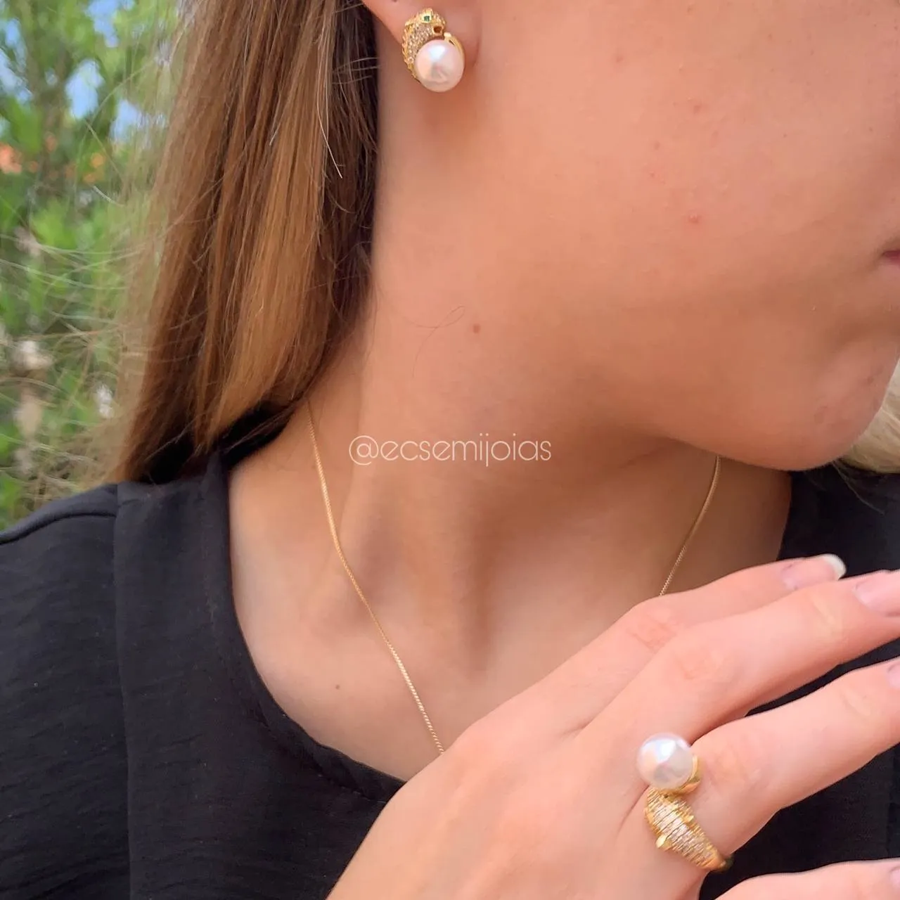 Conjunto brinco, colar e anel pantera - 45 cm - banhado a ouro 18k