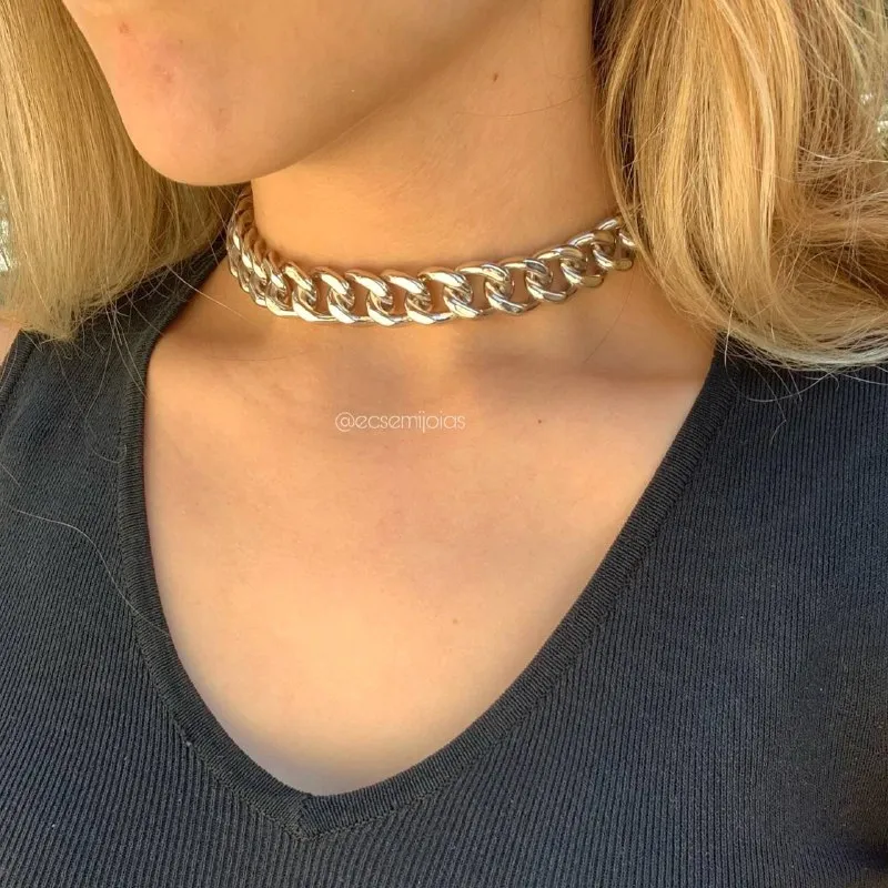 Choker de elos - 38 cm - banhado a ródio branco