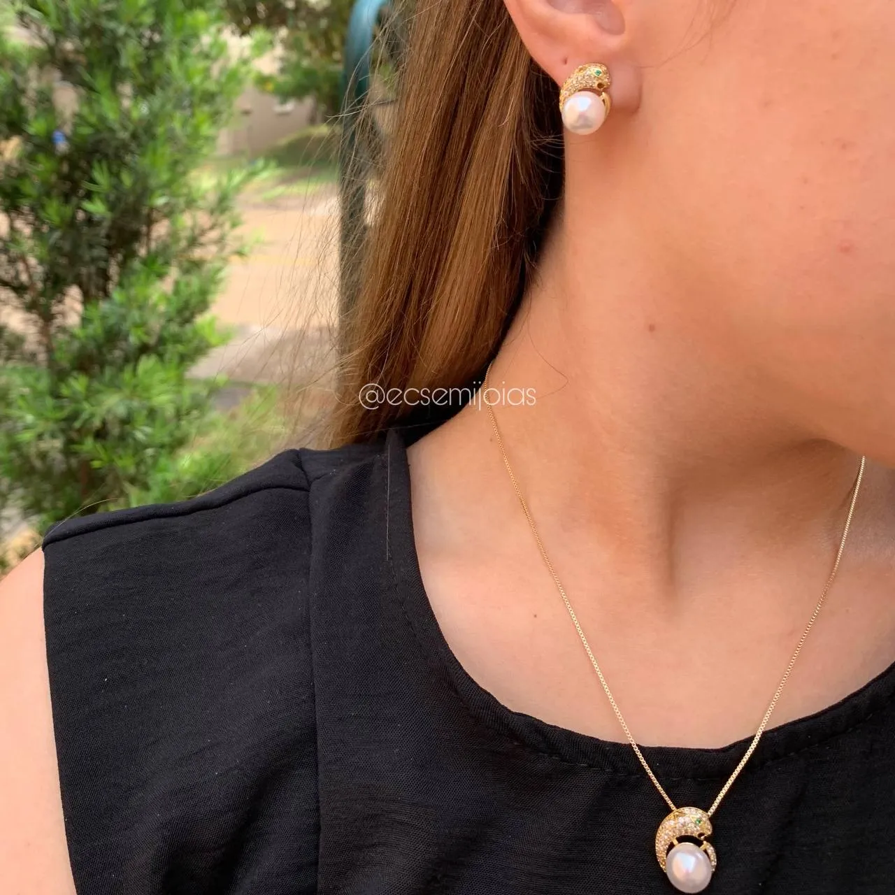 Conjunto brinco, colar e anel pantera - 45 cm - banhado a ouro 18k