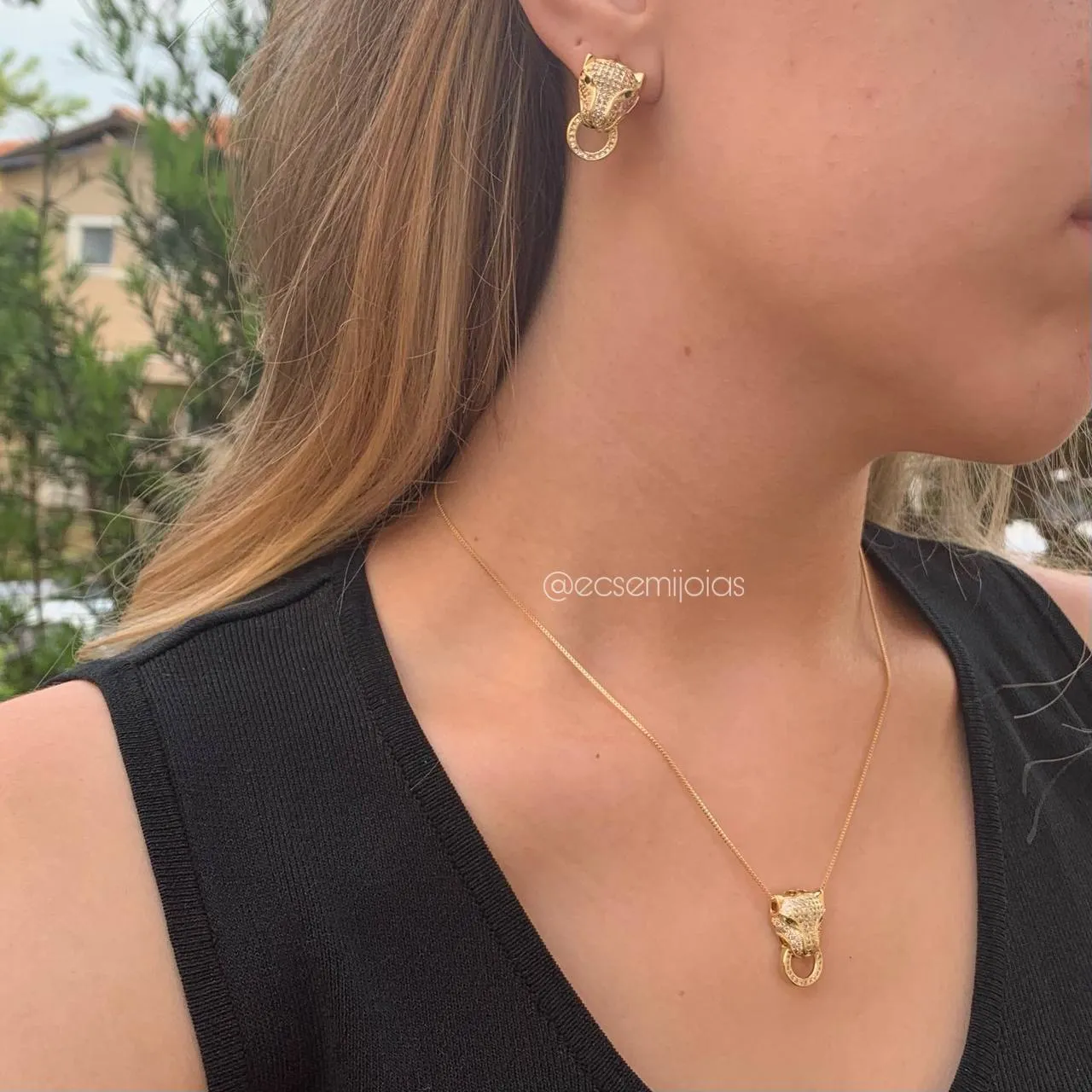 Conjunto de brinco e colar pantera - 45 cm - banhado a ouro 18k