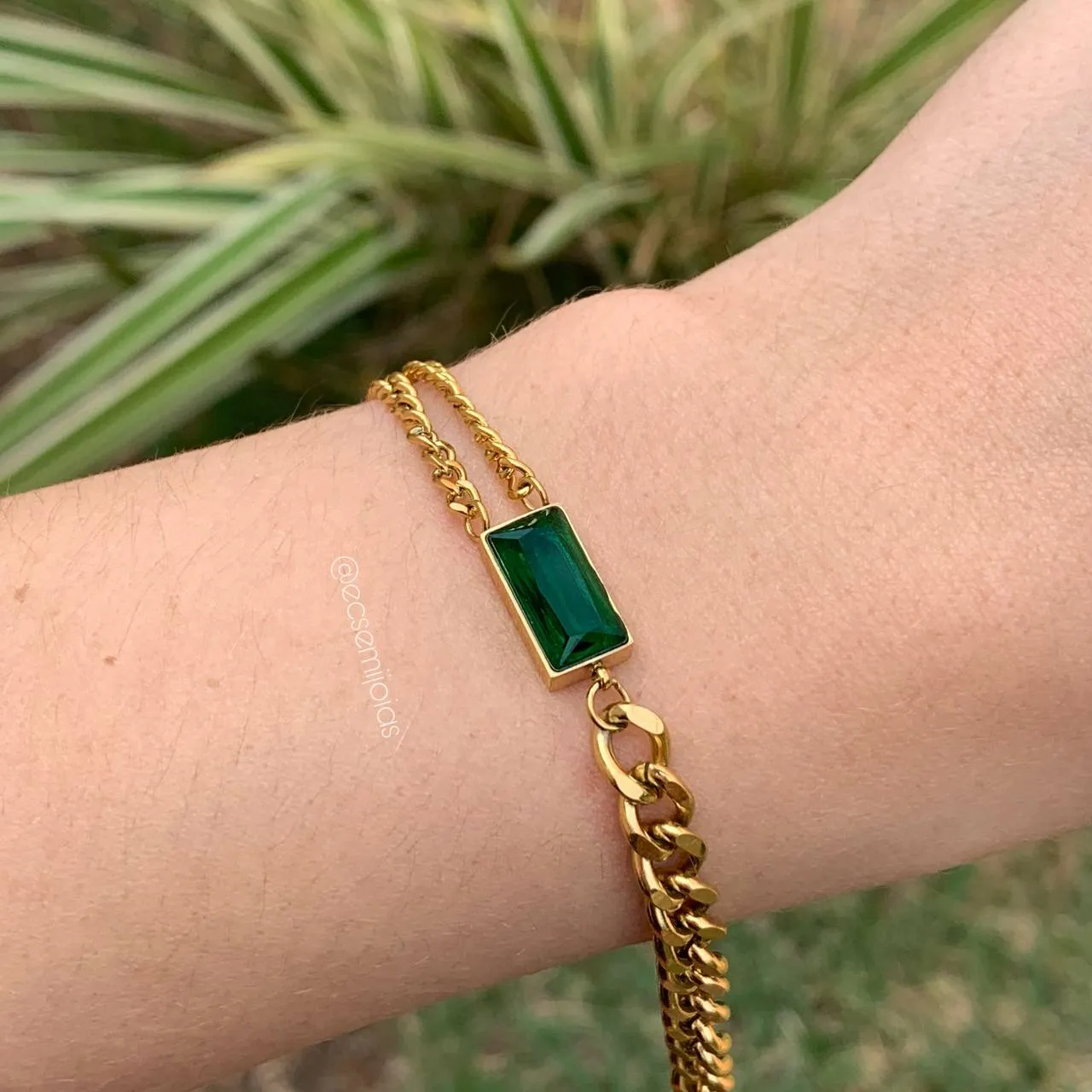 Pulseira de elos com pedra retangular - 15 cm +4 cm de extensor - aço