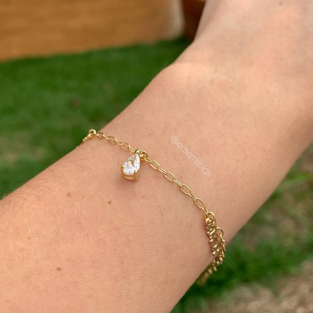 Pulseira gratidão virtude amor proteção e uma gota - 20 cm - banhado a ouro 18k