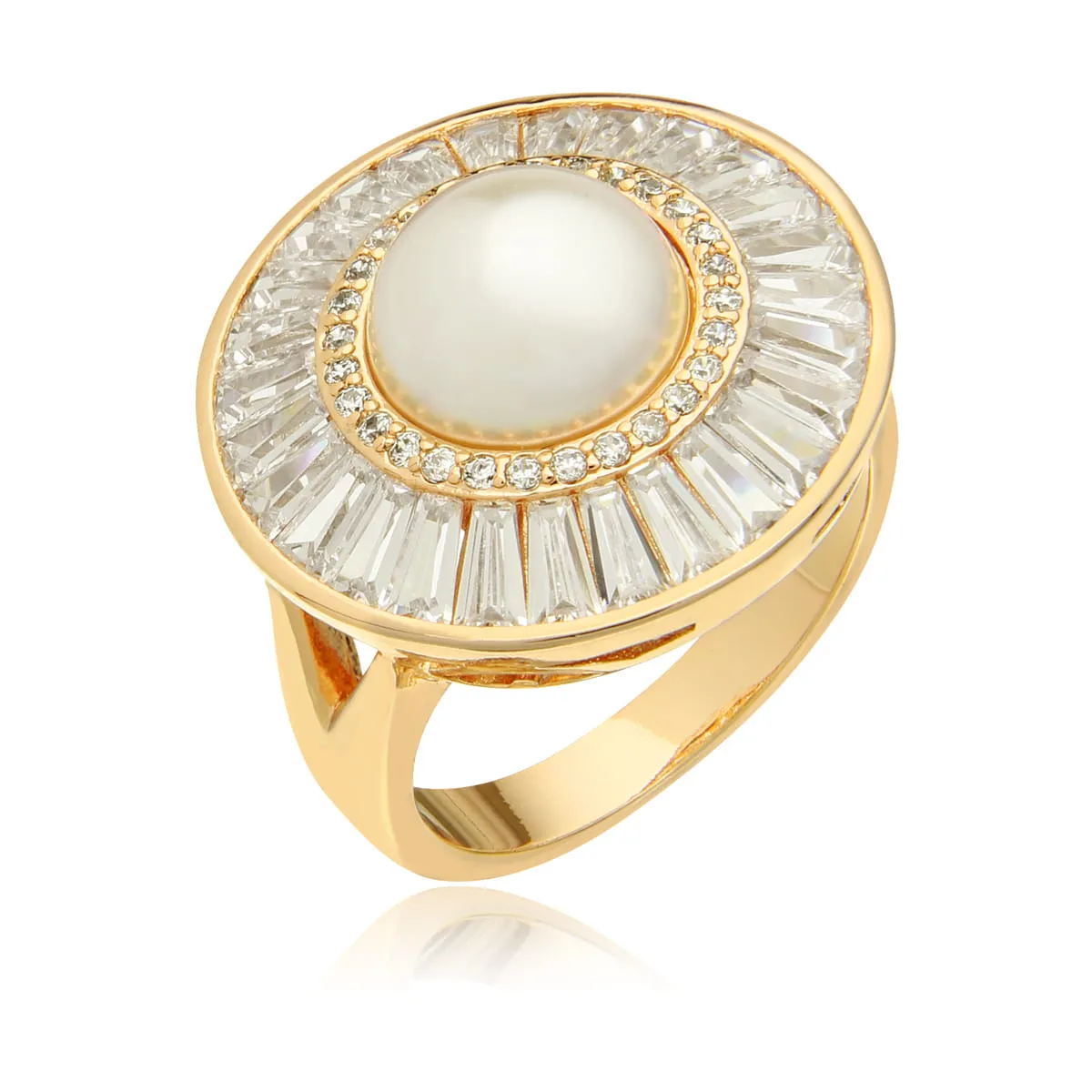 Conjunto brinco e anel de pérola com zirônias em volta - banhado a ouro 18k