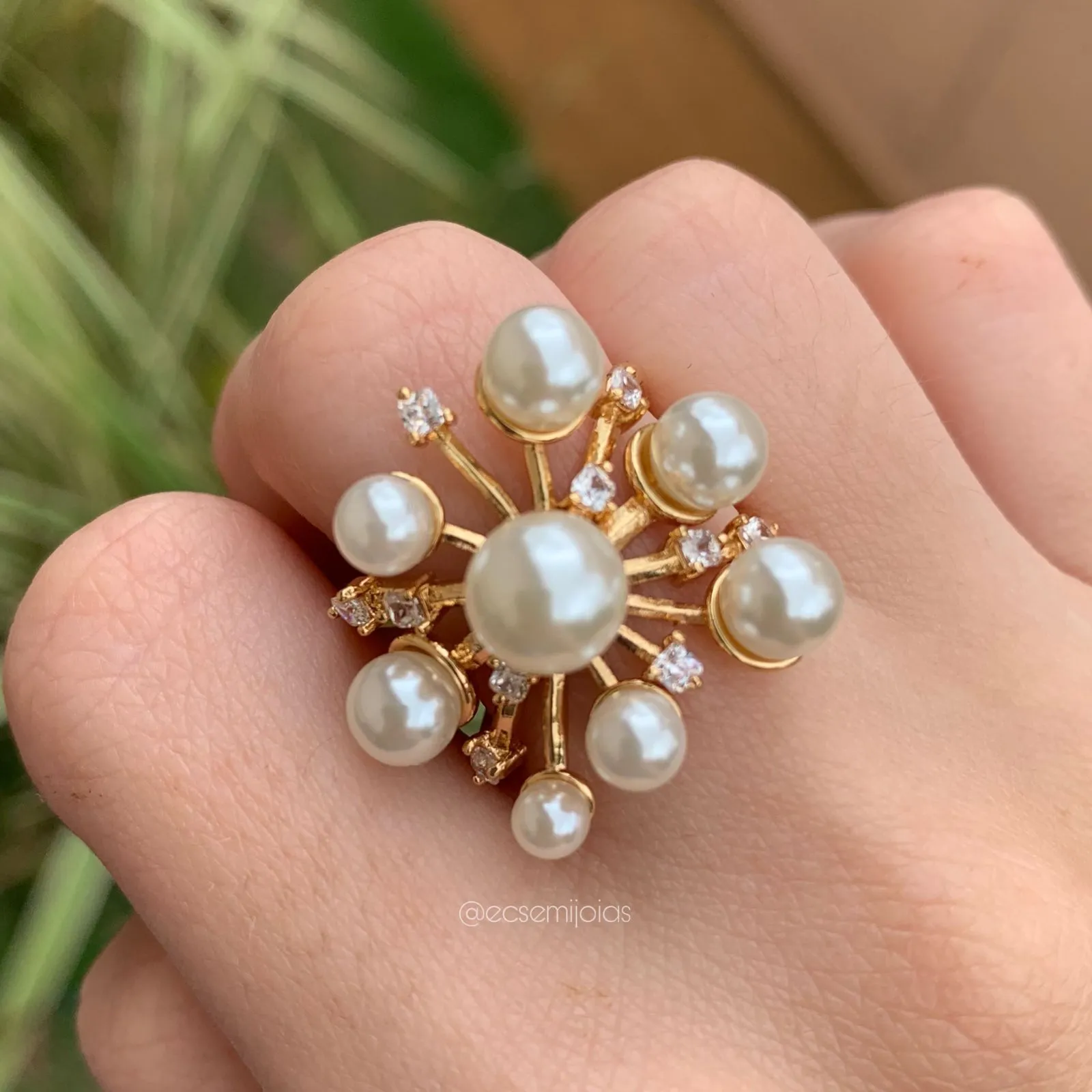 Conjunto brinco e anel de pérola - banhado a ouro 18k