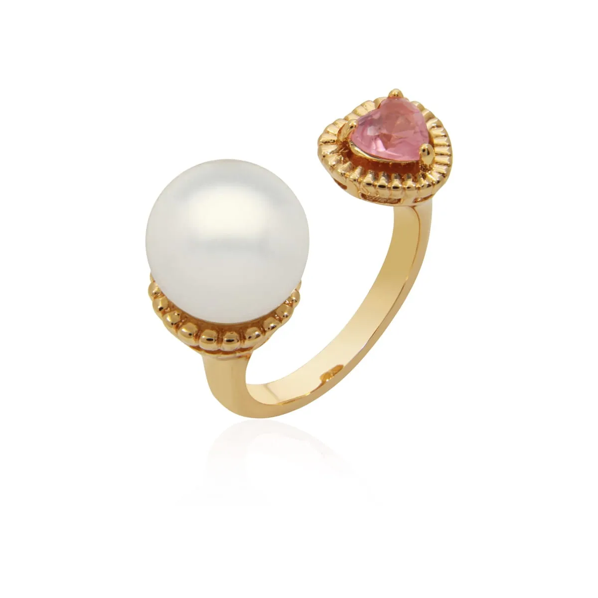Conjunto brinco e anel pérola e coração - banhado a ouro 18k