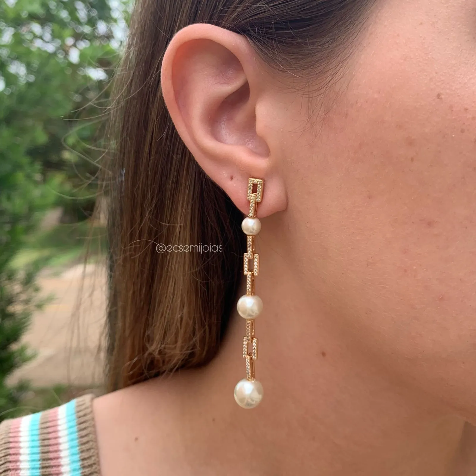 Conjunto brinco e anel elos cravejados e pérola  - banhado a ouro 18k