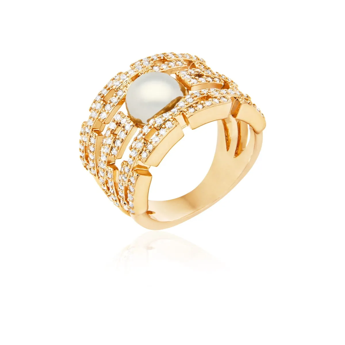 Conjunto brinco e anel elos cravejados e pérola  - banhado a ouro 18k