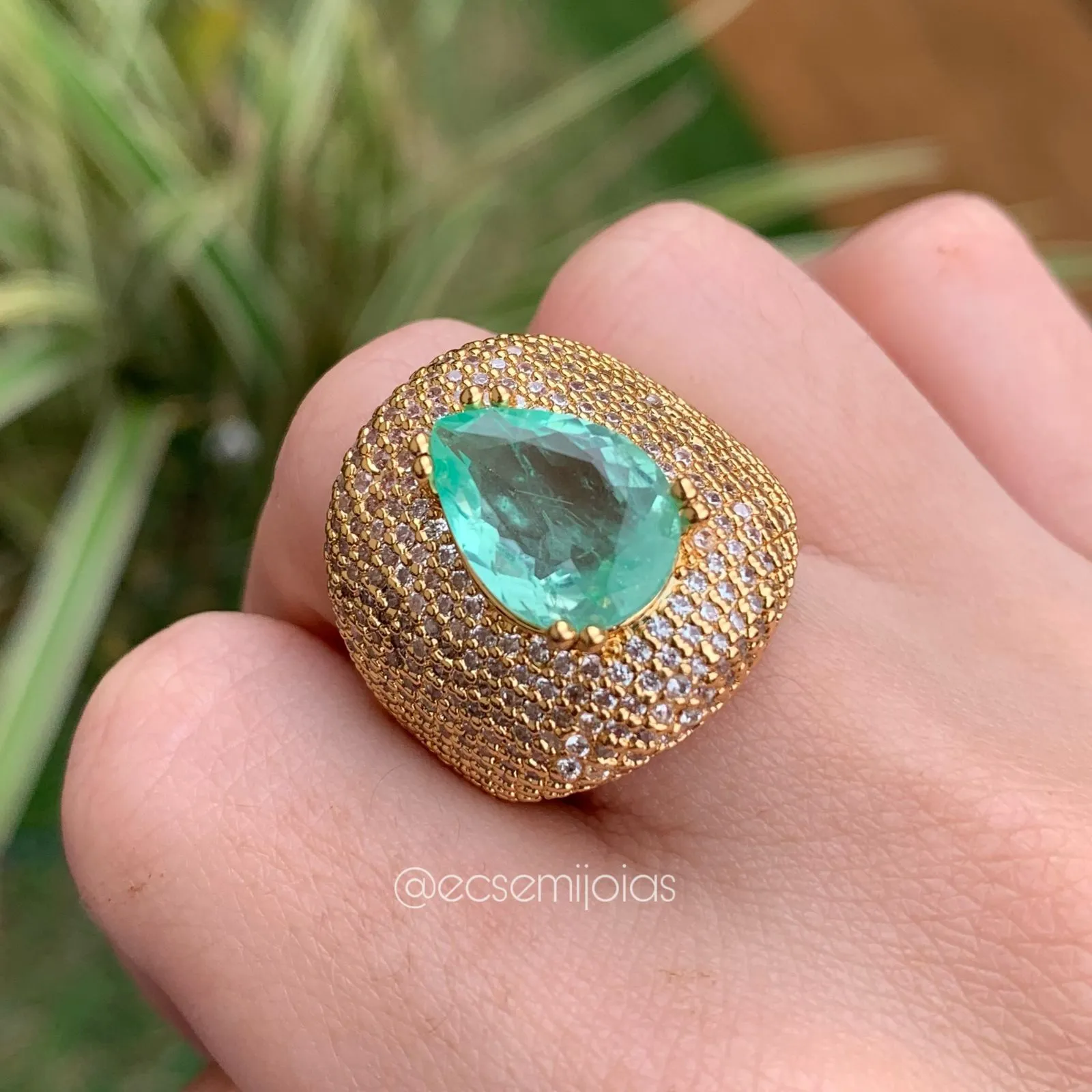 Conjunto brinco e anel pedra em formato gota e cravejada - banhado a ouro 18k