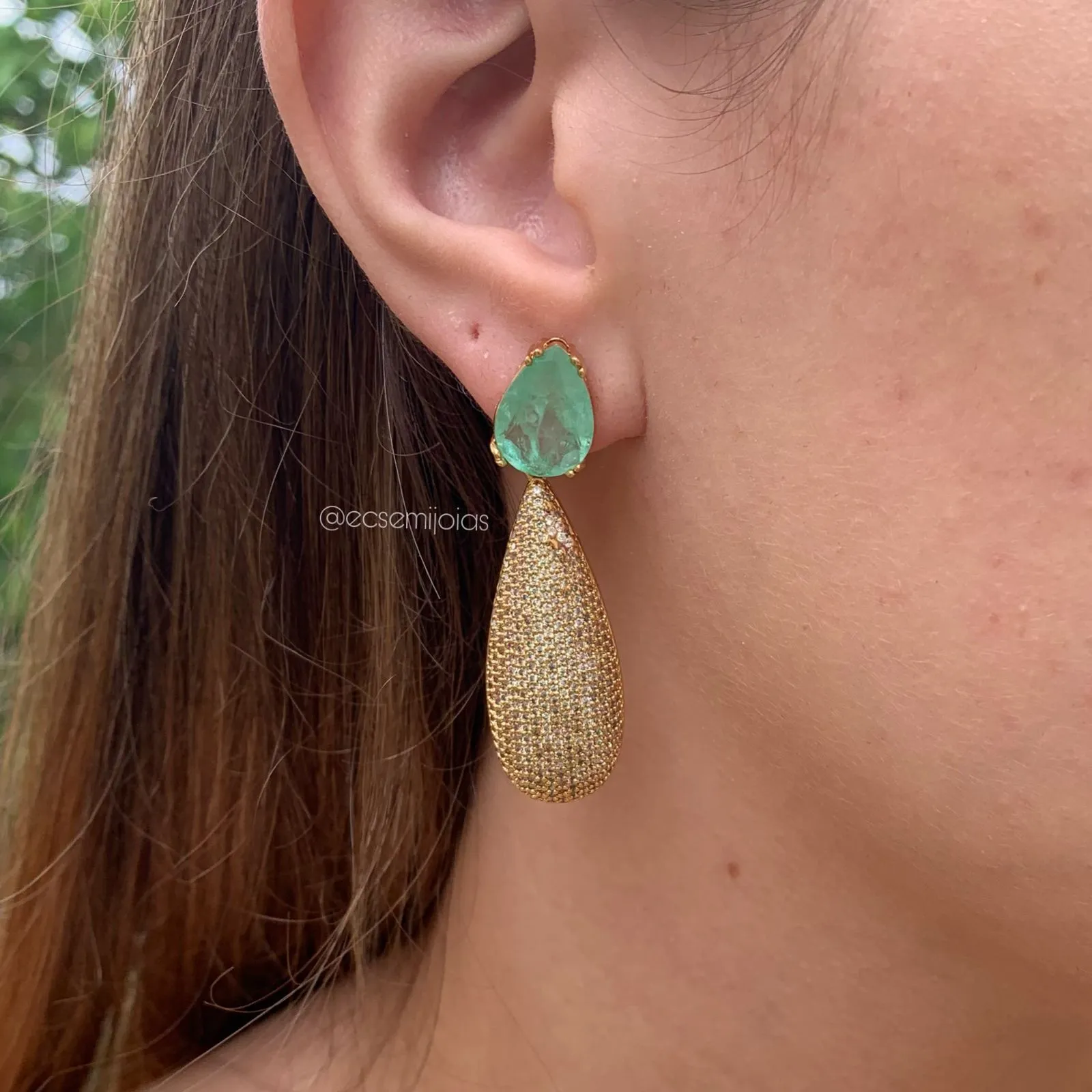 Conjunto brinco e anel pedra em formato gota e cravejada - banhado a ouro 18k