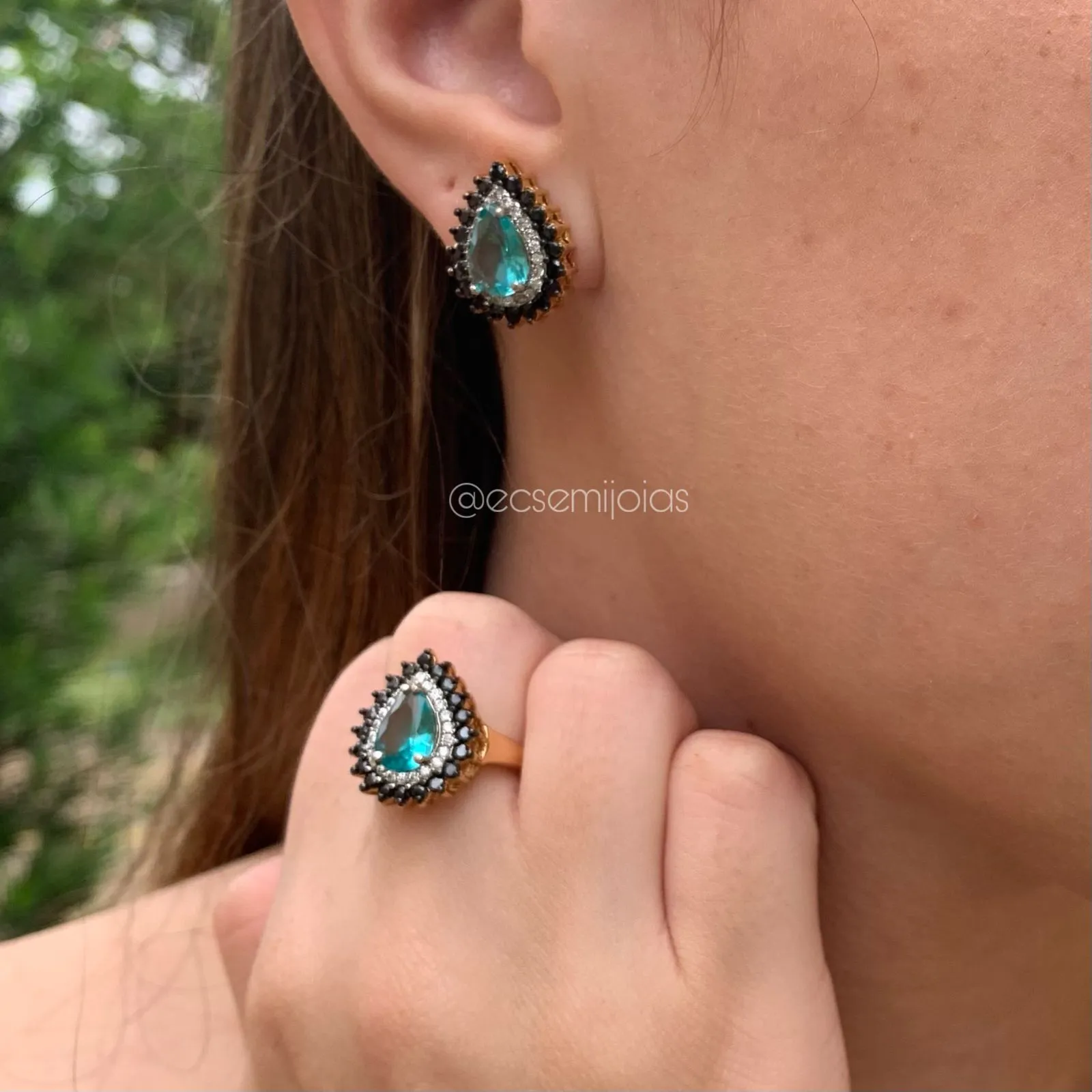 Conjunto brinco, colar e anel gota cravejado em volta - banhado a ouro 18k