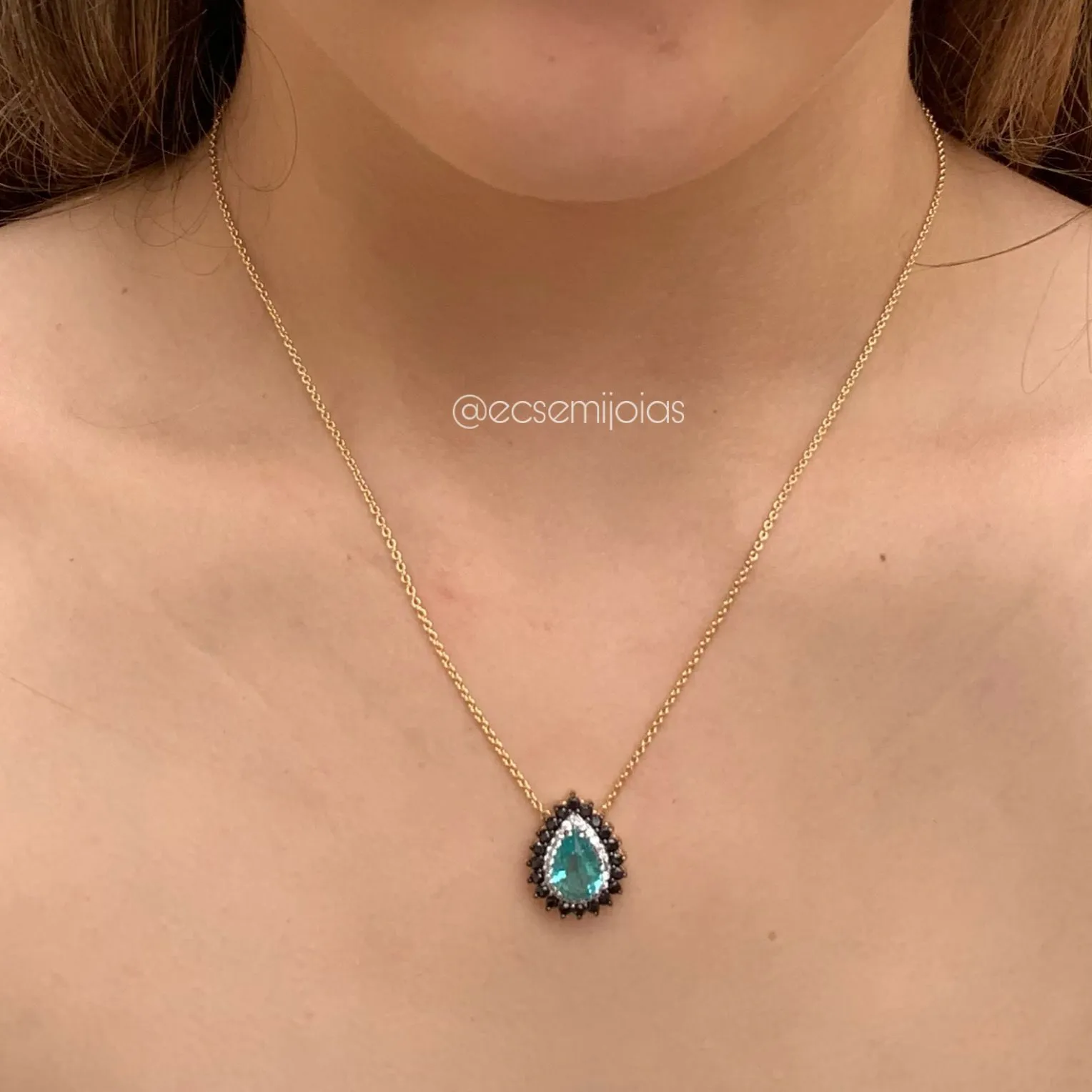 Conjunto brinco, colar e anel gota cravejado em volta - banhado a ouro 18k