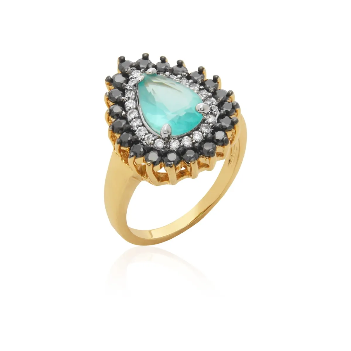 Conjunto brinco, colar e anel gota cravejado em volta - banhado a ouro 18k