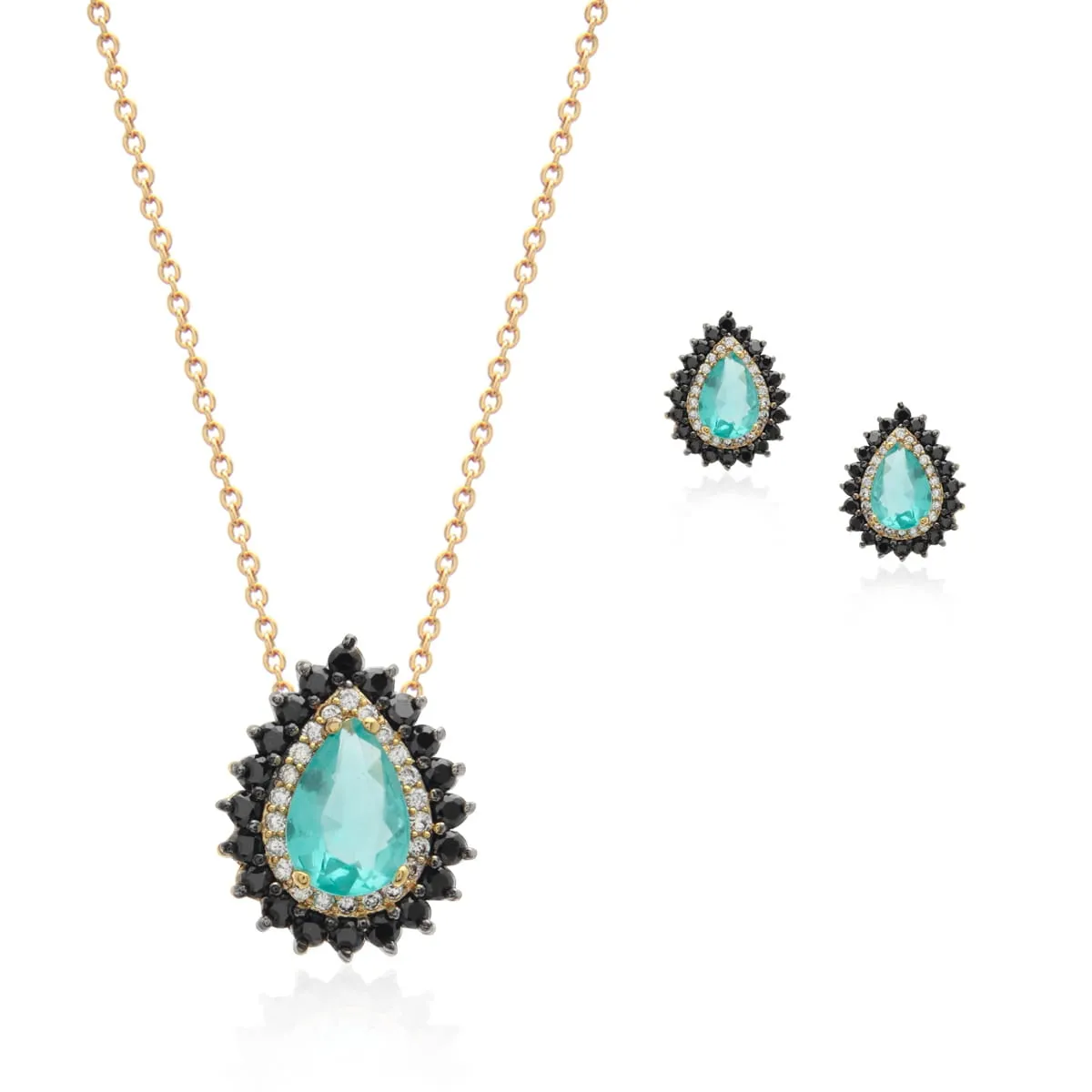 Conjunto brinco, colar e anel gota cravejado em volta - banhado a ouro 18k