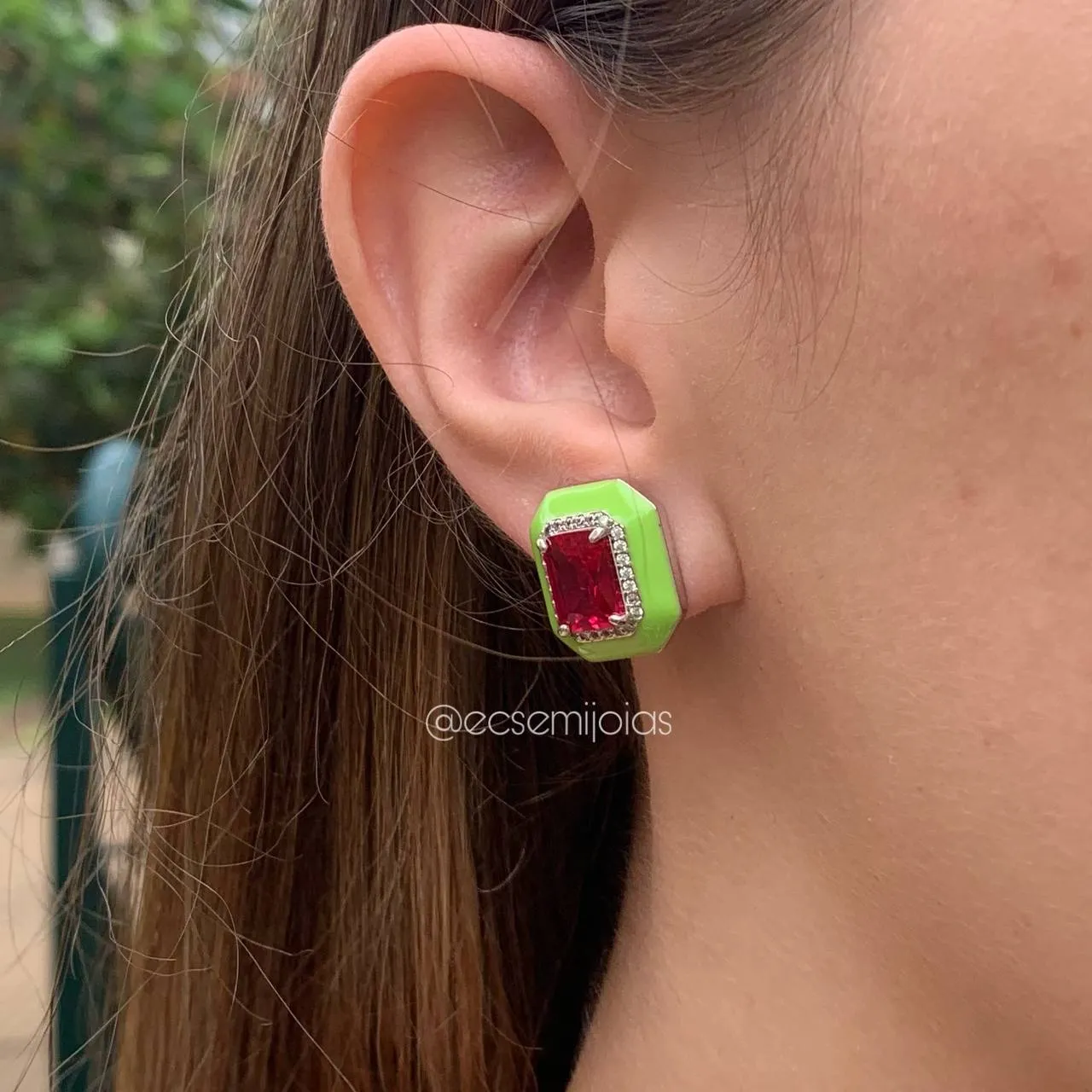 Conjunto brinco e anel retangular - banhado a ródio branco