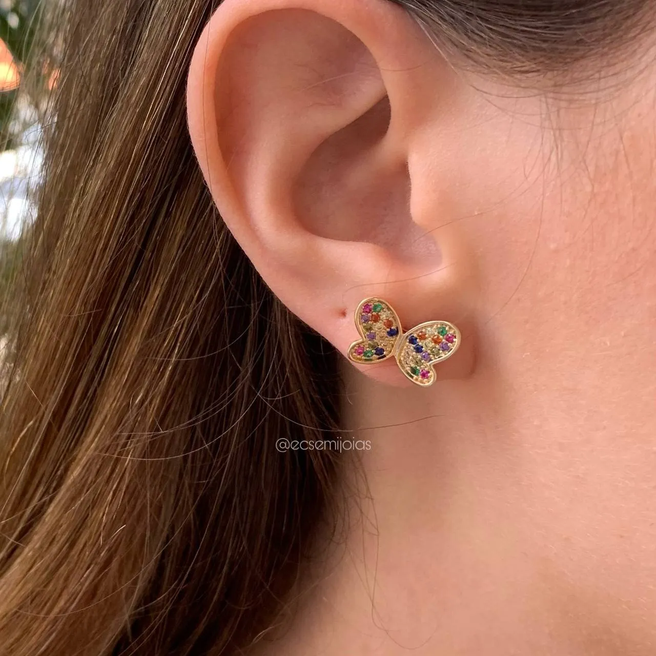 Conjunto de brinco e colar de borboleta - 45 cm - banhado a ouro 18k