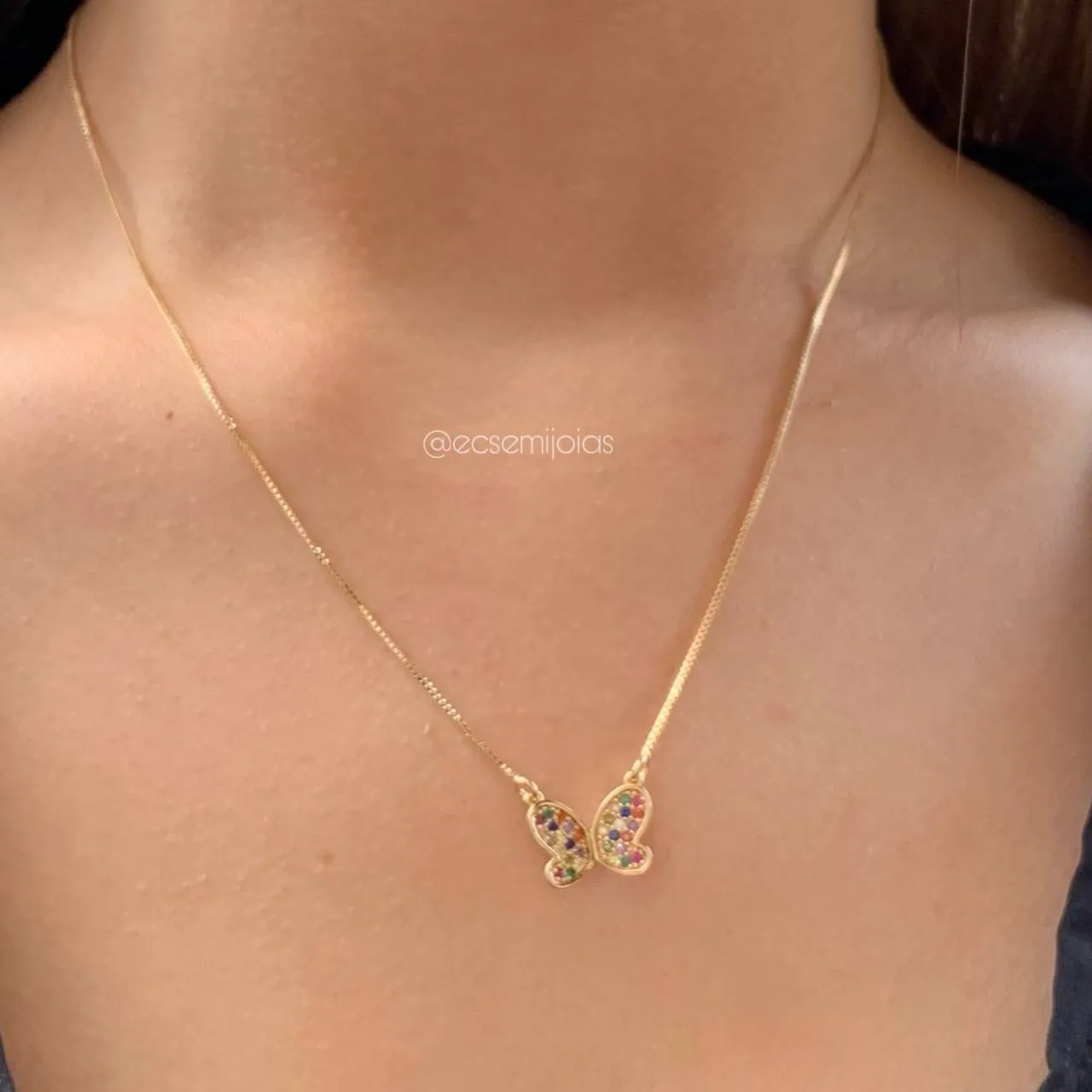 Conjunto de brinco e colar de borboleta - 45 cm - banhado a ouro 18k