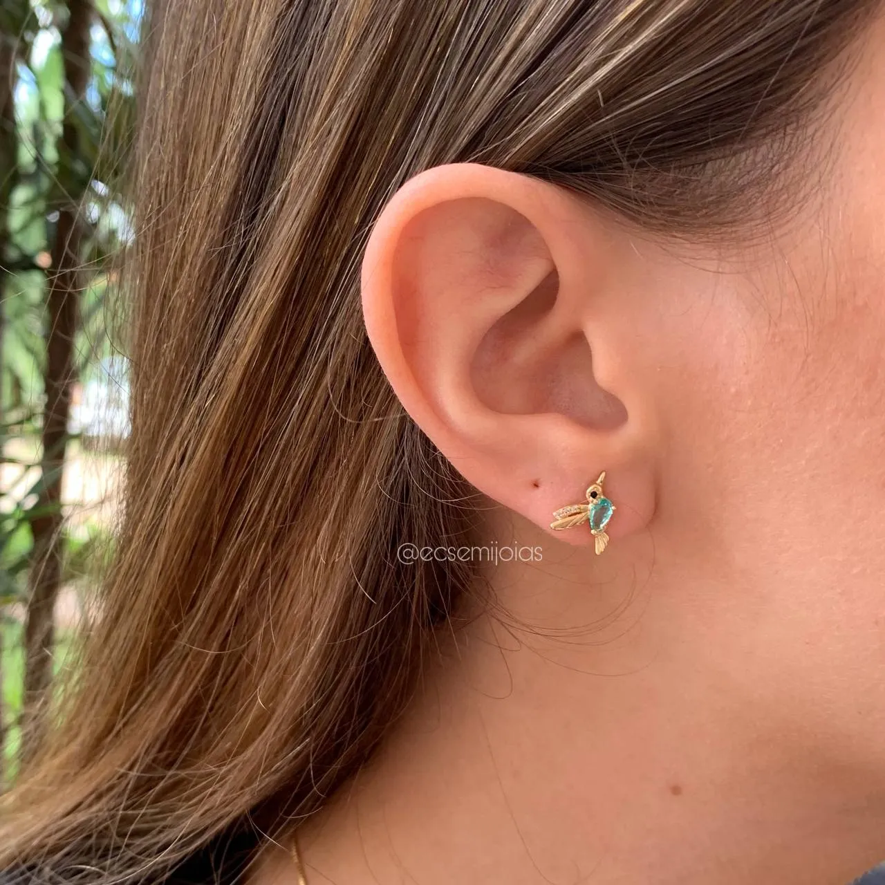 Conjunto de brinco e colar beija flor  - 45 cm - banhado a ouro 18k