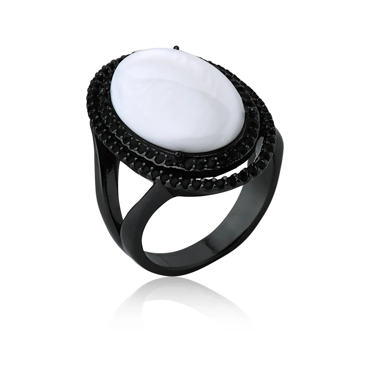 Conjunto brinco e anel madrepérola - banhado a ródio negro