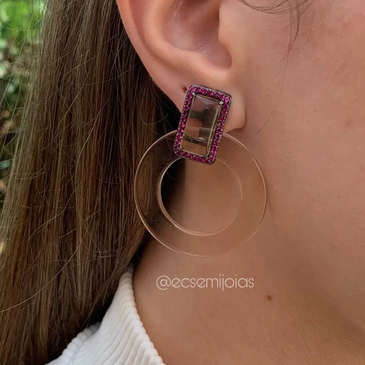 Brinco retangular e redondo cristal colorido - banhado a ródio negro