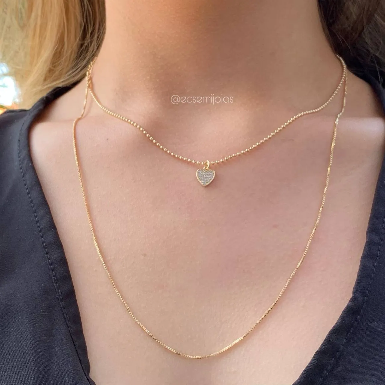 Colar de dois andares colar de bolinha com coração cravejado - banhado a ouro 18k