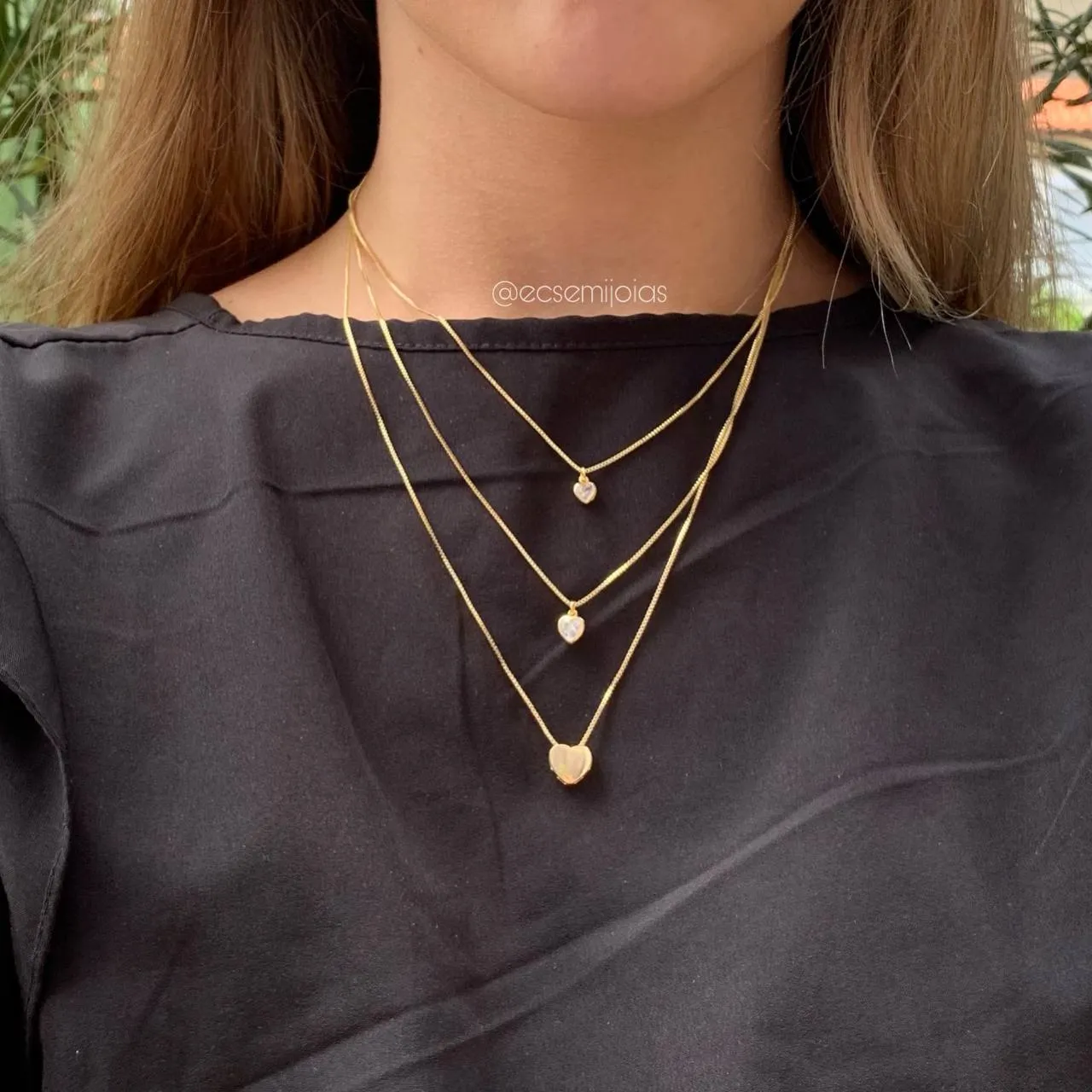 Colar de três andares coração - banhado a ouro 18k