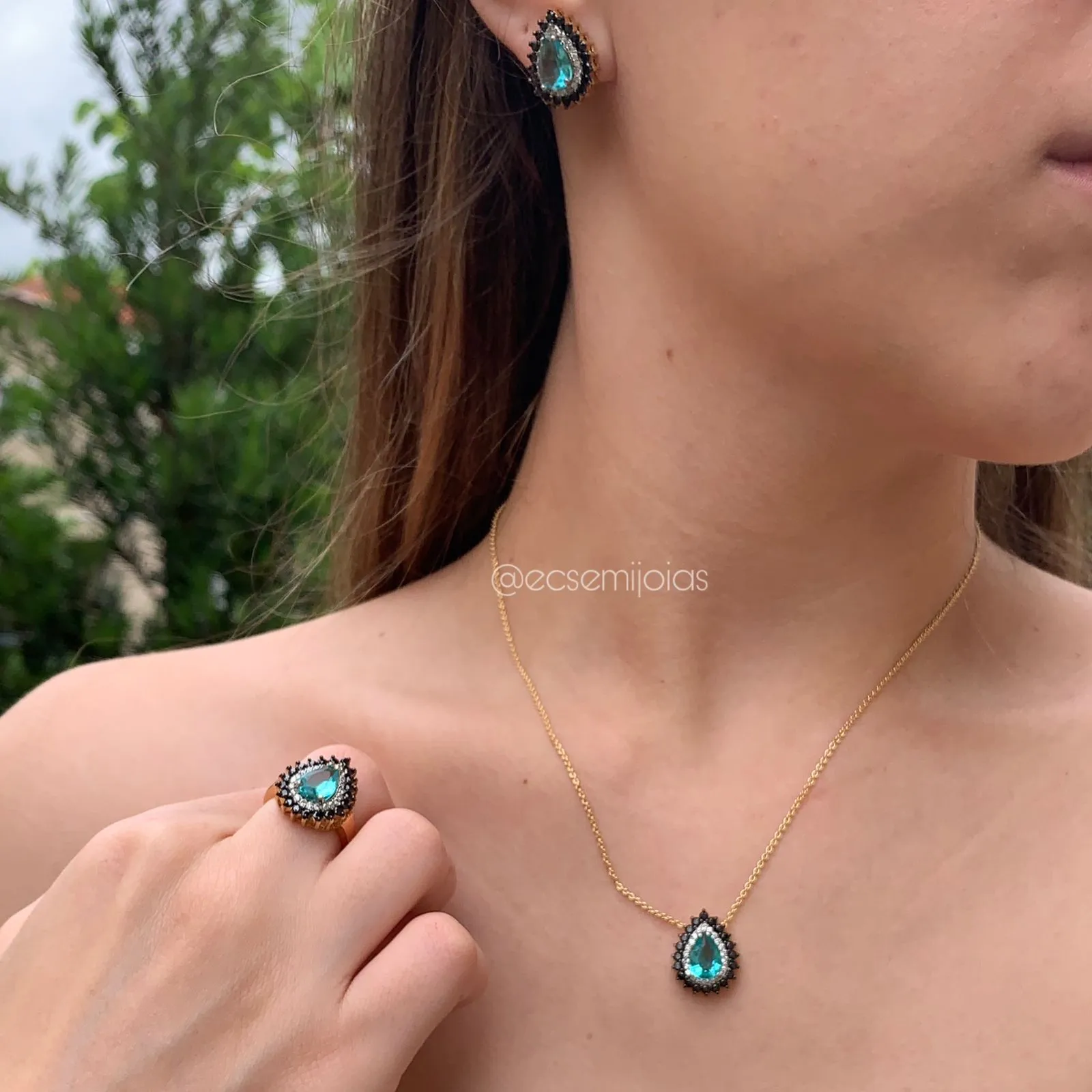 Conjunto brinco, colar e anel gota cravejado em volta - banhado a ouro 18k