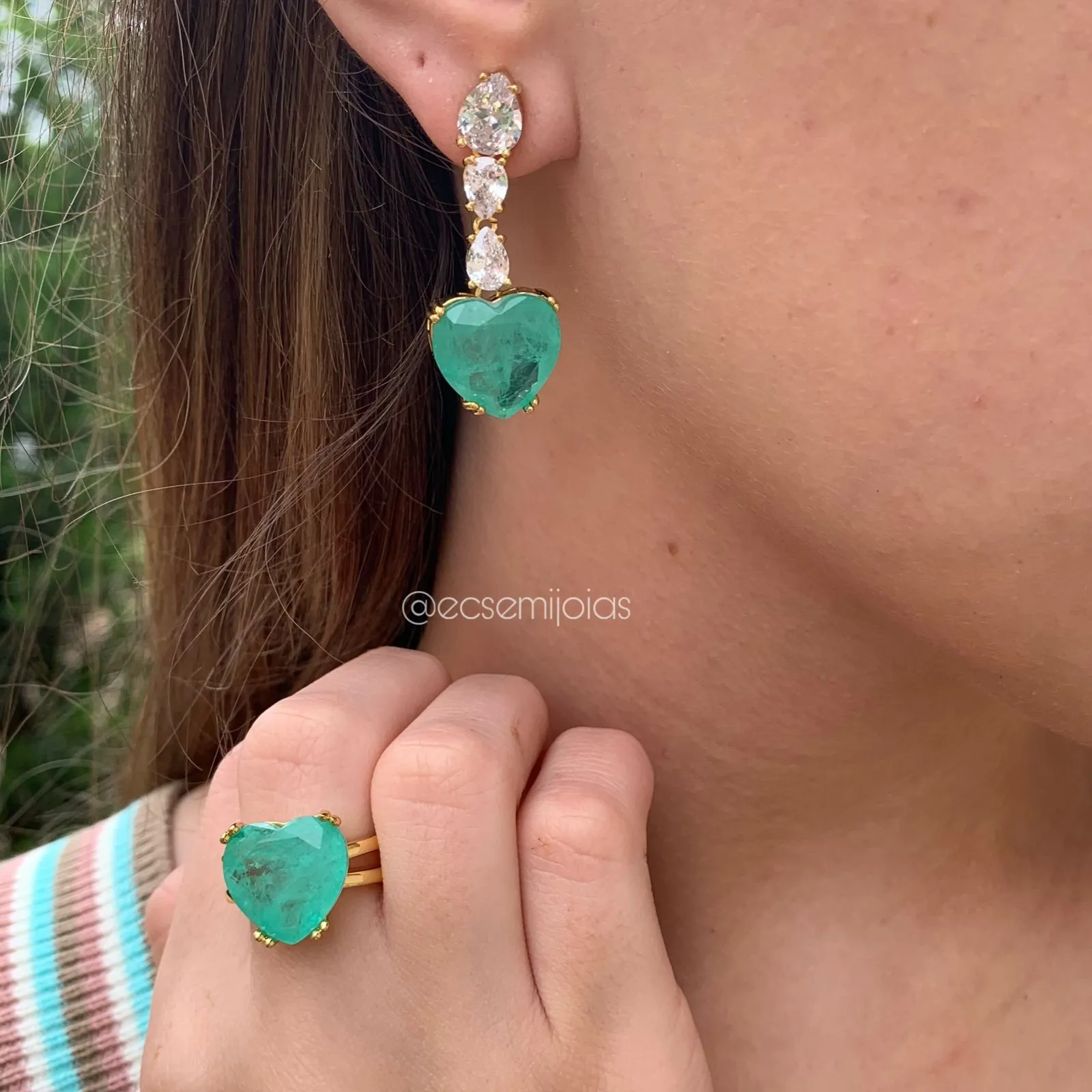 Conjunto brinco e anel de coração e gotas  - banhado a ouro 18k