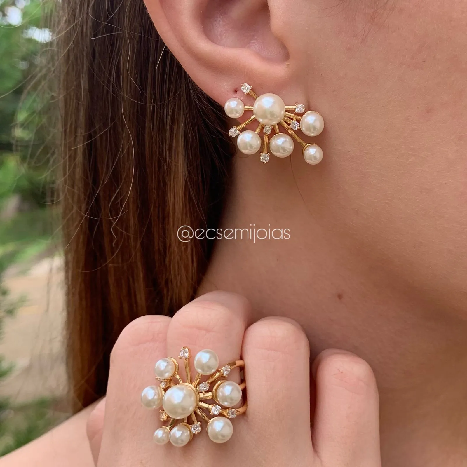 Conjunto brinco e anel de pérola - banhado a ouro 18k