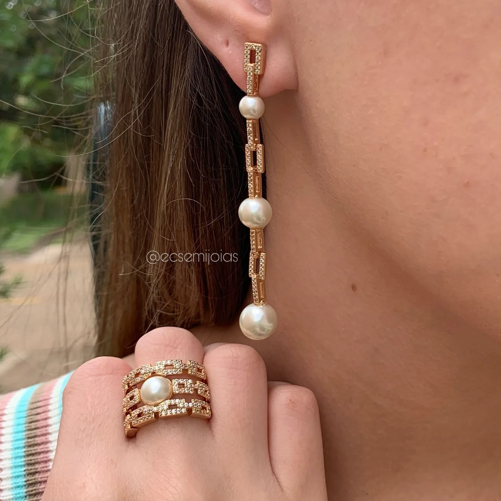 Conjunto brinco e anel elos cravejados e pérola  - banhado a ouro 18k