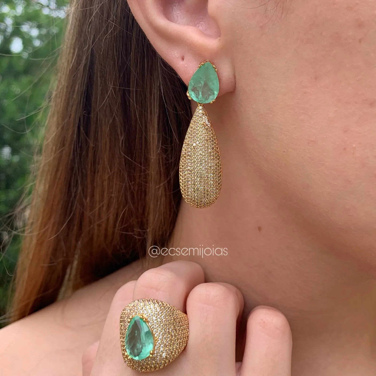 Conjunto brinco e anel pedra em formato gota e cravejada - banhado a ouro 18k