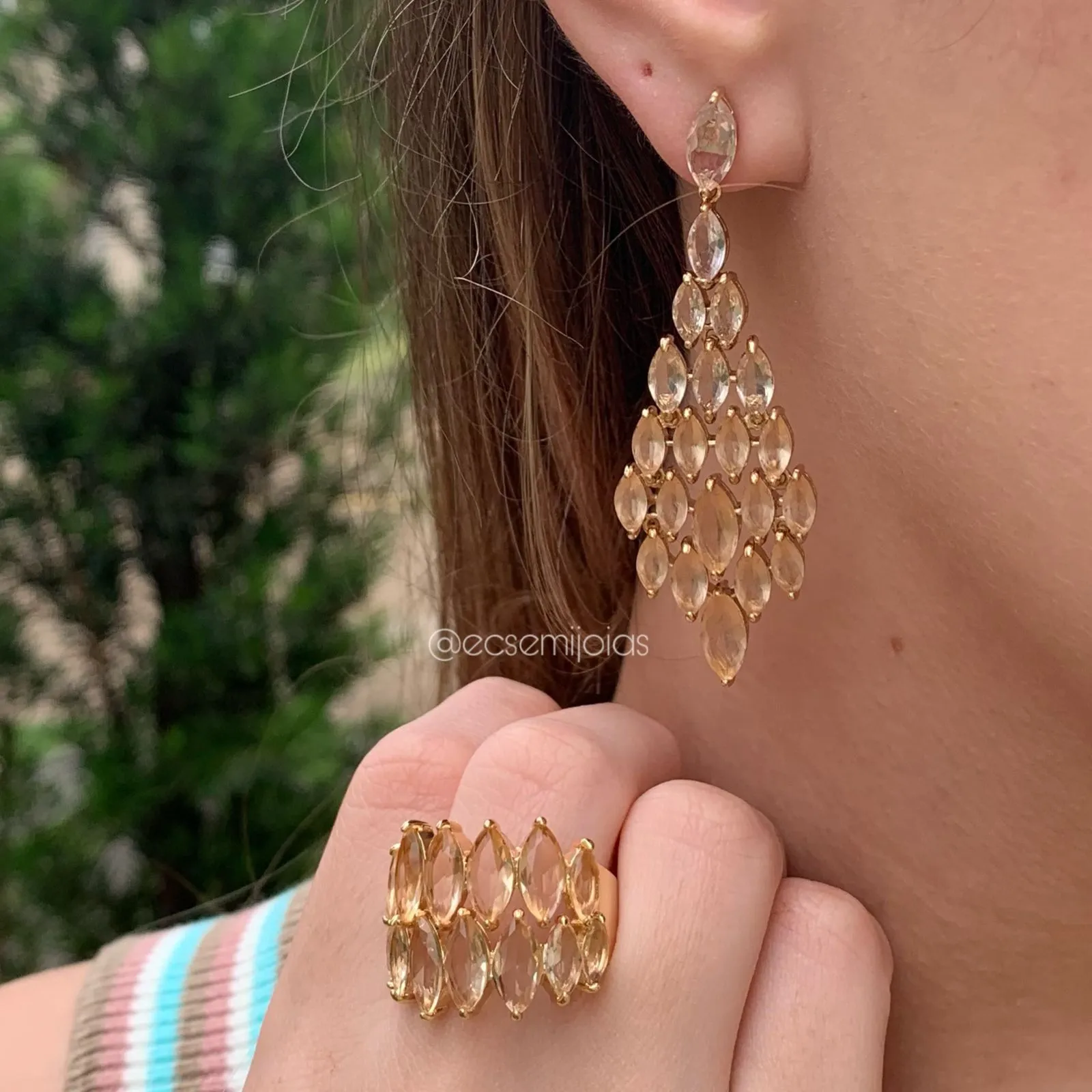 Conjunto brinco e anel pedras navete  - banhado a ouro 18k