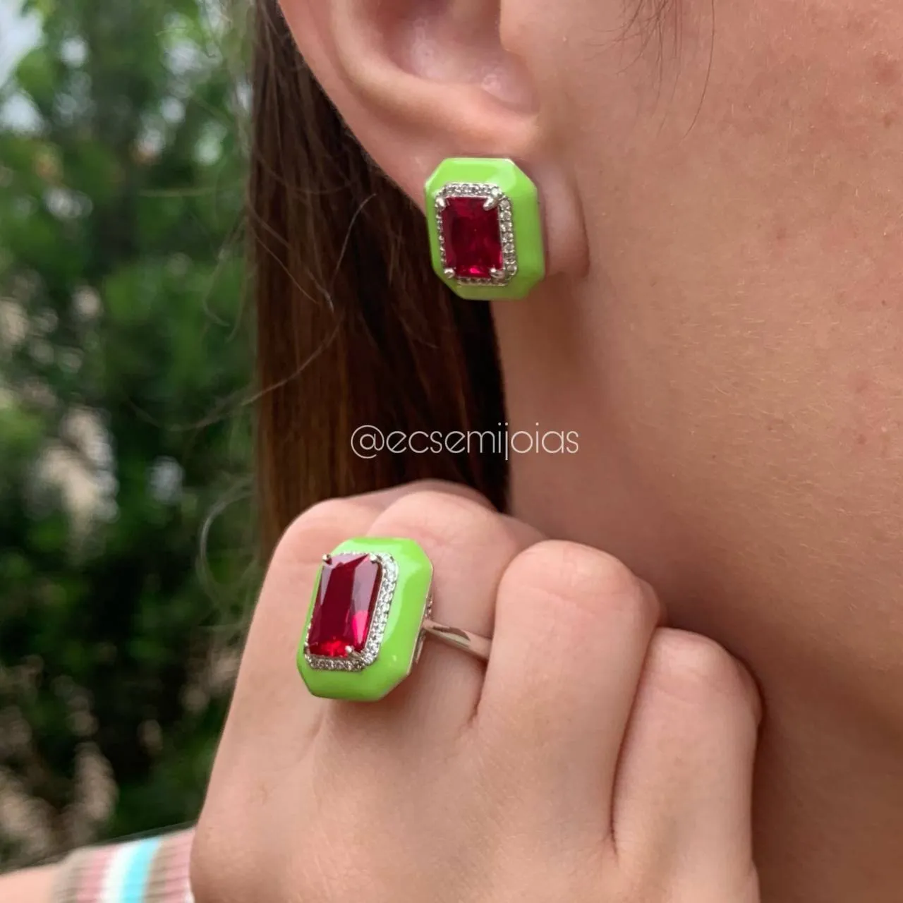 Conjunto brinco e anel retangular - banhado a ródio branco