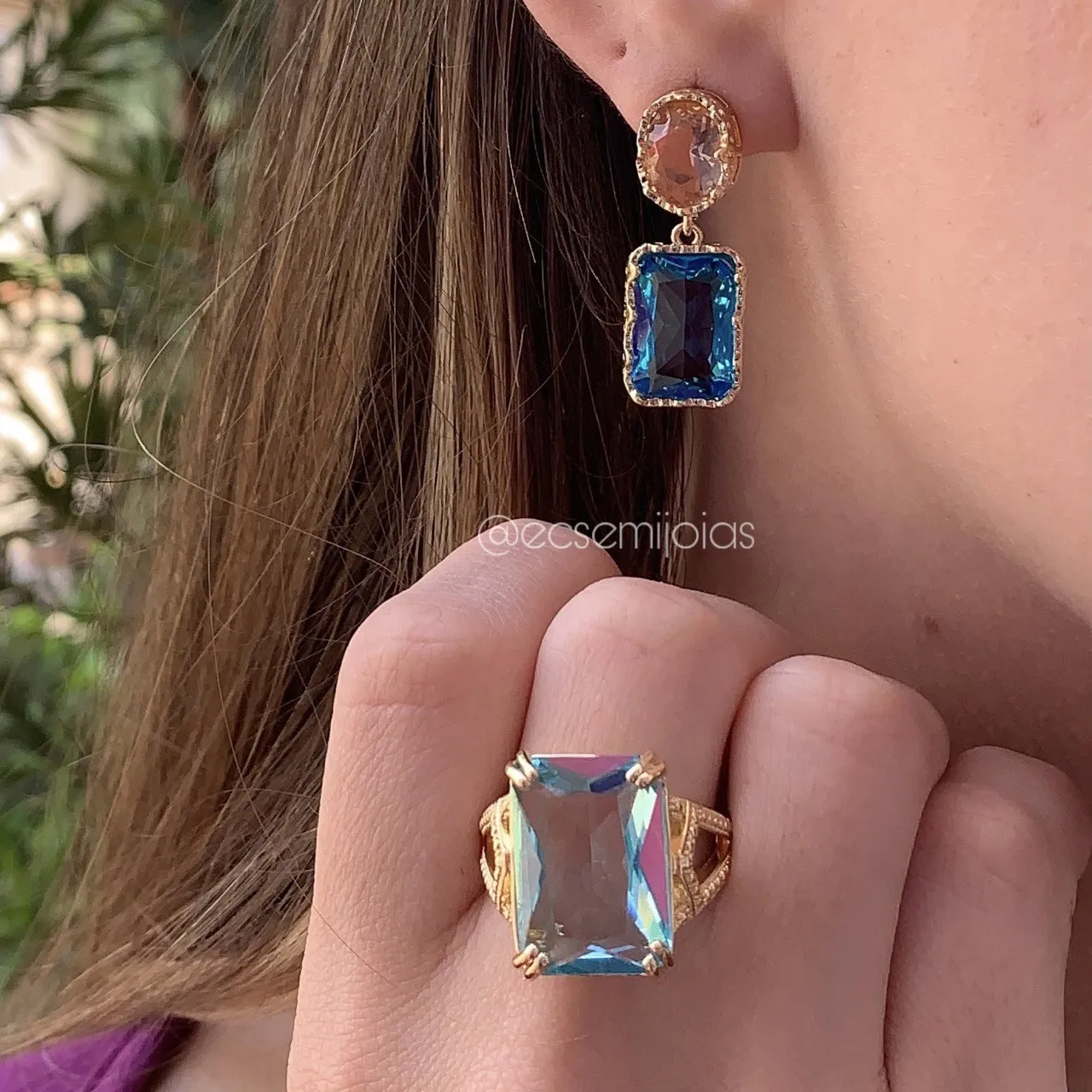 Conjunto brinco pedra baguete e redonda - banhado a ouro 18k