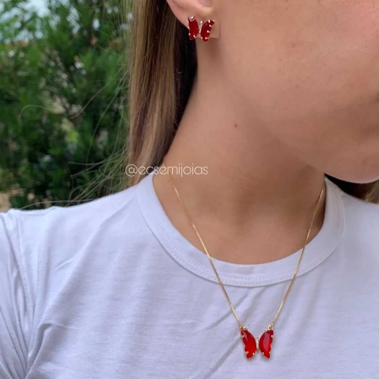 Conjunto de brinco e colar de borboleta - 45 cm - banhado a ouro 18k