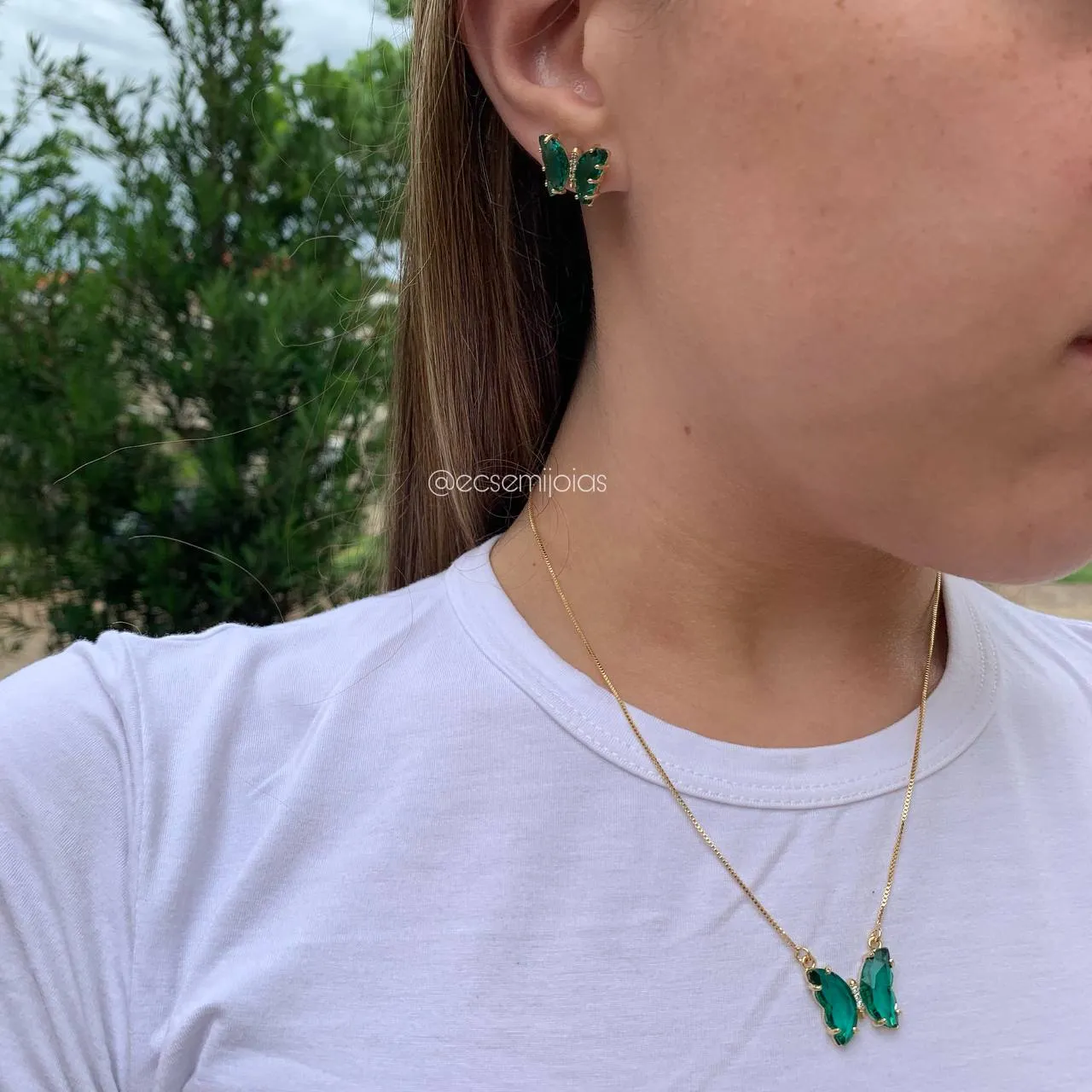 Conjunto de brinco e colar de borboleta - 45 cm - banhado a ouro 18k